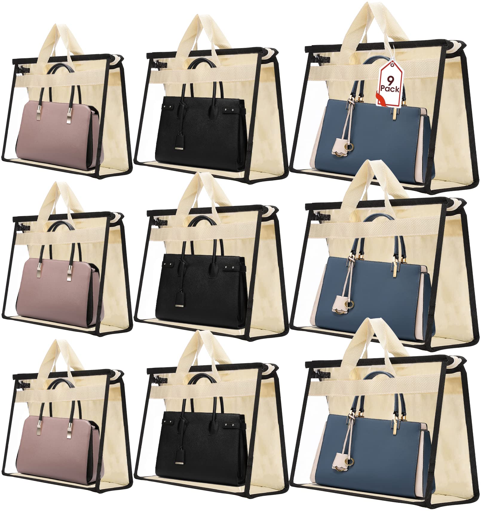 9 Pack Clear Dust Bags for Handbags - Zippered Transparent Purse Storage Organizer with Handles | Dustproof Closet Organizer for Luxury Bags, Travel & Home Storage