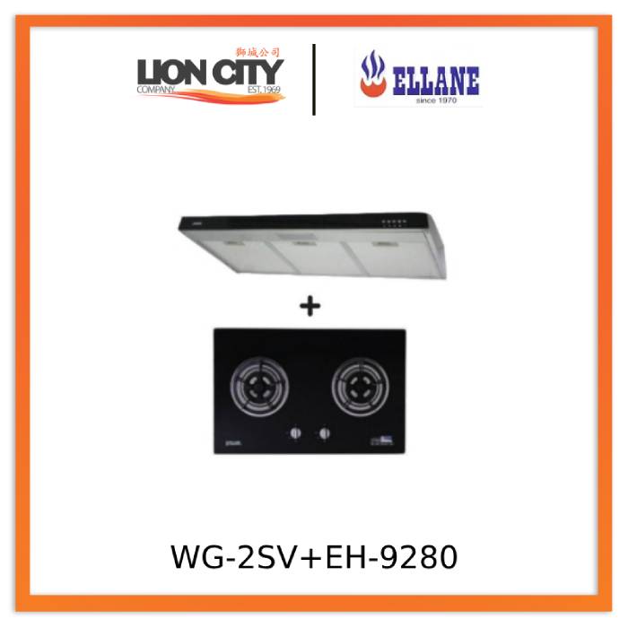 Ellane 60cm/90cm Slimline Hood with Black Panel EH 9280 & WG 2SV 80cm 2 Burner Glass Gas Cooker - Modern Kitchen Range Hood and Gas Stove Combo for Home Cooking and Ventilation