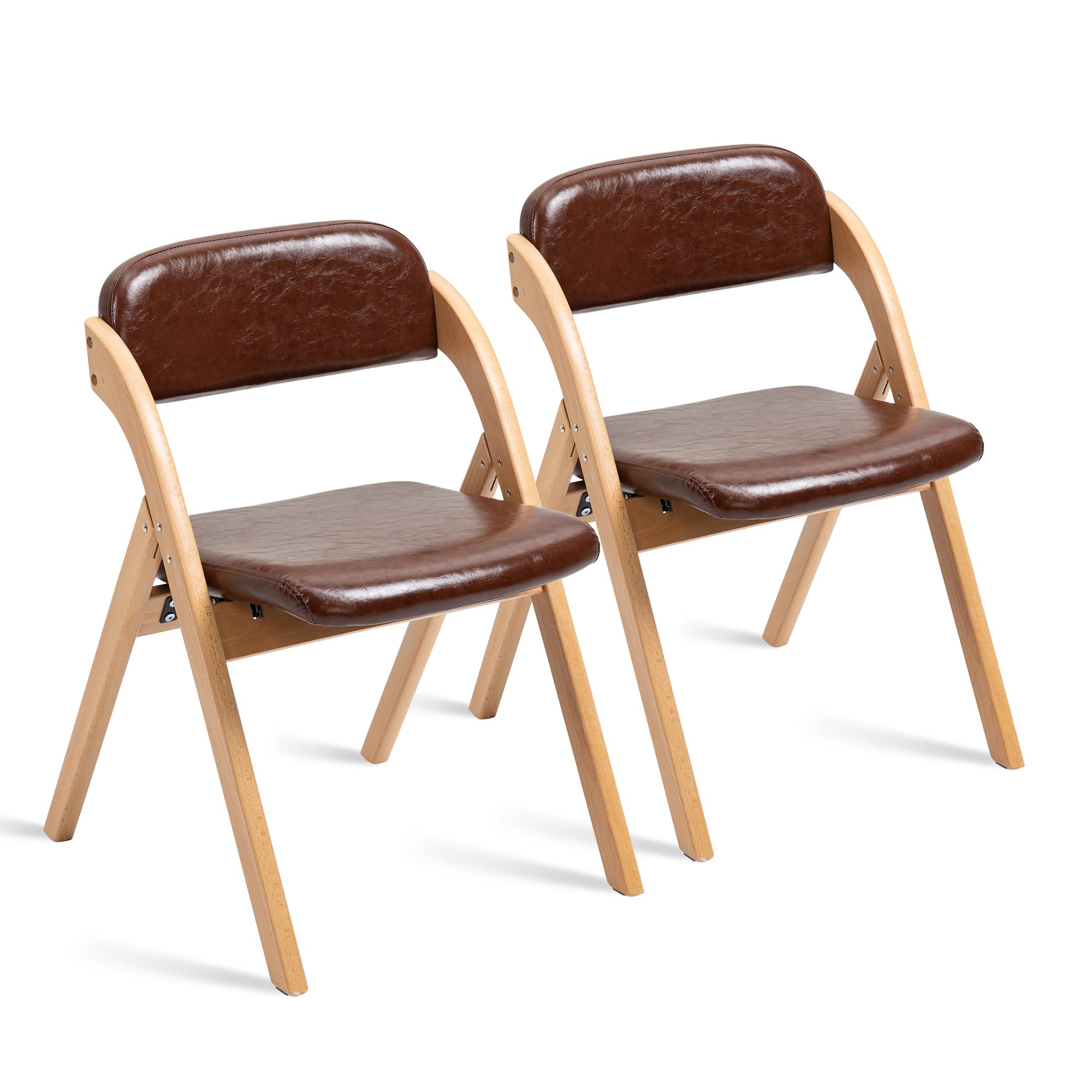HOMEFUN PU Folding Chairs with Padded Seats - Set of 2 Wooden Stackable Dining Chairs for Kitchen, Office, Wedding & Guest Use - Easy to Assemble Space-Saving Furniture for Home & Events