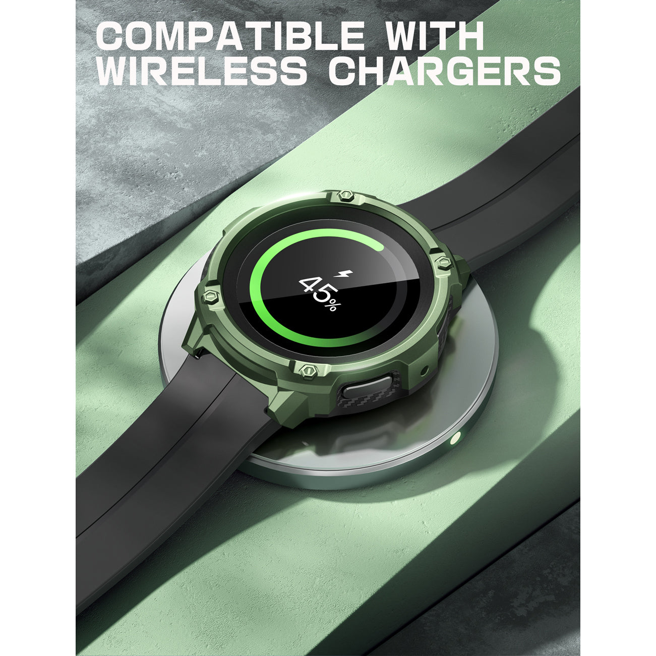 Samsung Galaxy Watch5 Pro 45mm Rugged Case with Tempered Glass Screen Protector - Dark Green Protective Cover for Outdoor Sports & Active Lifestyle