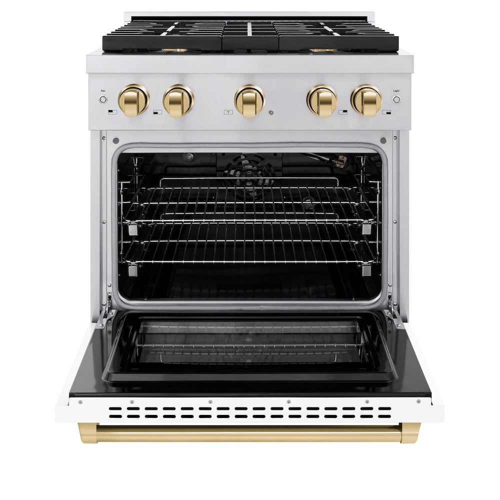 ZLINE Autograph Edition 30-inch 4.2 cu. ft. Stainless Steel Gas Range with 4 Burner Cooktop & Convection Oven - White Matte Door & Polished Gold Accents (SGRZ WM 30 G) | Professional Kitchen Appliance for Home Chefs & Cooking Enthusiasts