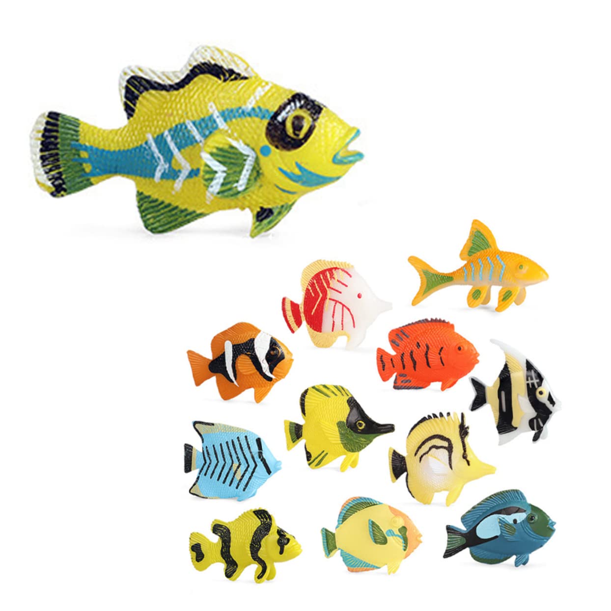 12pcs Plastic Tropical Fish Toy Set - Realistic Ocean Animal Figures for Kids, Tabletop Decor, Aquarium Models & Educational Play | Squid, Miniature PVC Sea Creatures for Birthday Gifts & Classroom Learning