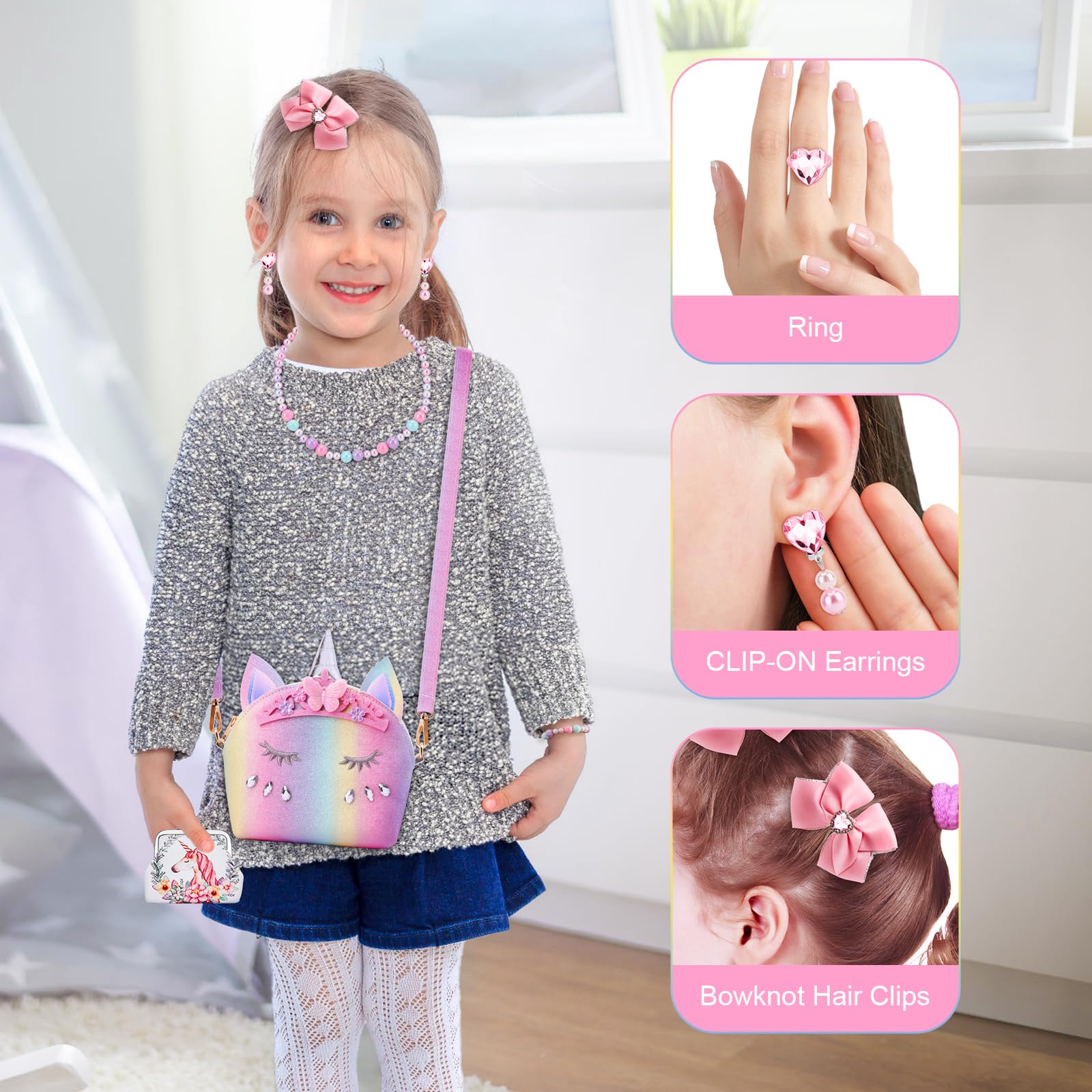 JYPS 7PCS Toddler Purse for Girls - Pretend Play Wallet with Princess Dress Up Jewelry Set (Rainbow Crown Unicorn) - Perfect for Birthday Gifts, Role Play & Imaginative Play