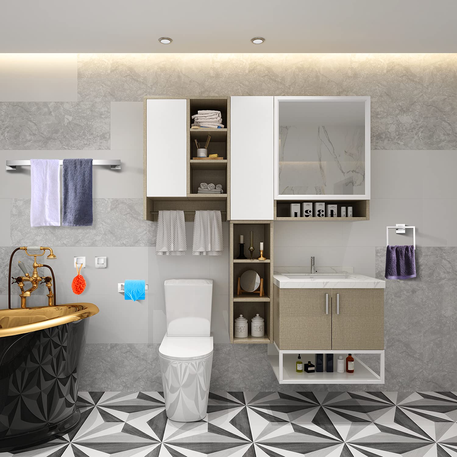 5-Piece Stainless Steel Bathroom Hardware Set - 304 Thickened Square Towel Rack, Chrome Polished Hand Towel Holder & 2 Robe Hooks for Modern Bathroom Decor - Perfect for Home, Hotel & Spa Use