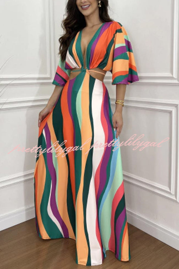 Wilma Unique Print Cutout Elastic Waist Tie Up Kimono Sleeve Maxi Dress - Women's Flowy Summer Beach Cover Up Dress for Vacation, Party & Boho Fashion