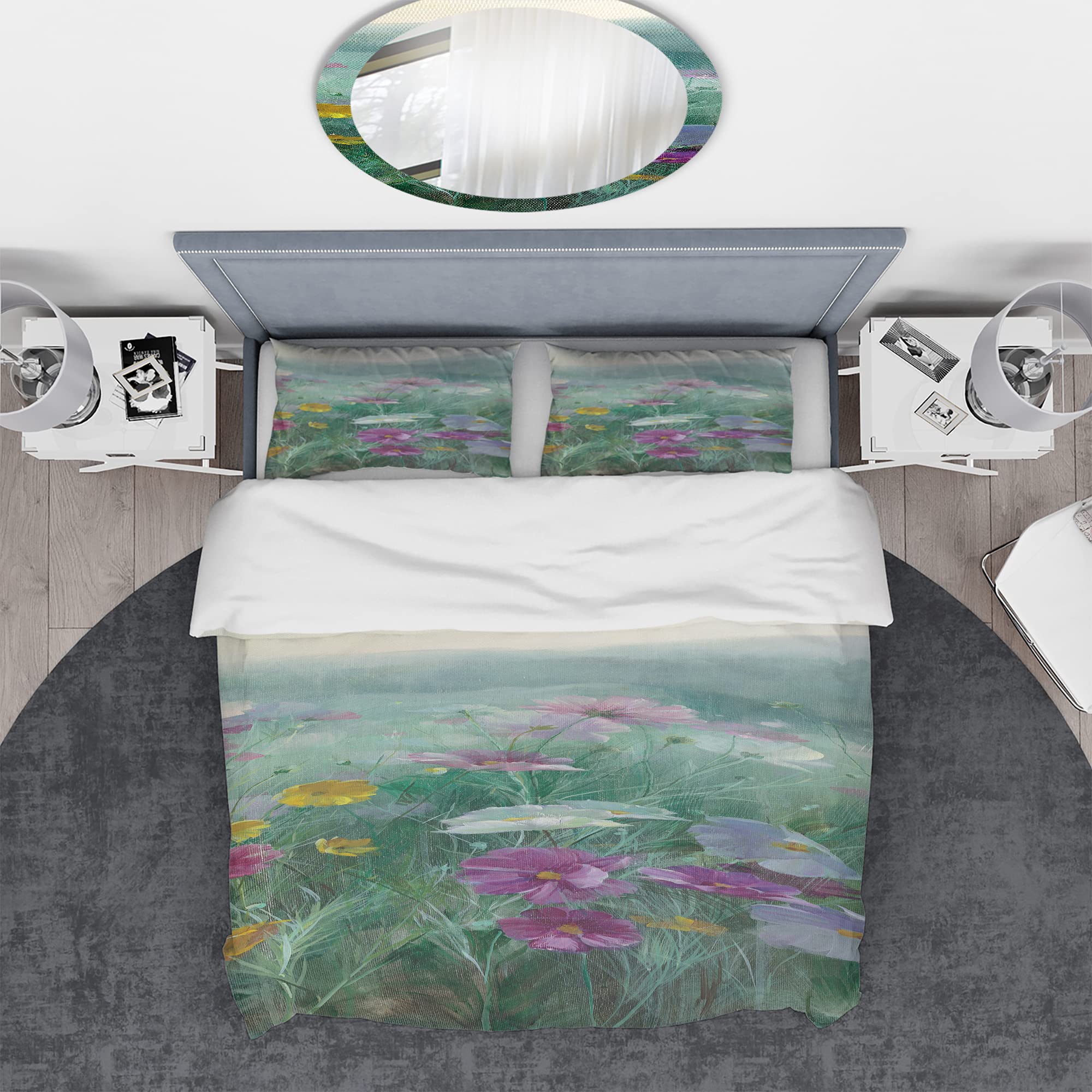 DesignQ Cosmos at Dawn III Traditional Floral Duvet Cover Set - Queen Size Blue Bedding Set (3-Piece) for All Seasons | Perfect for Master Bedroom, Guest Room & Cozy Home Decor