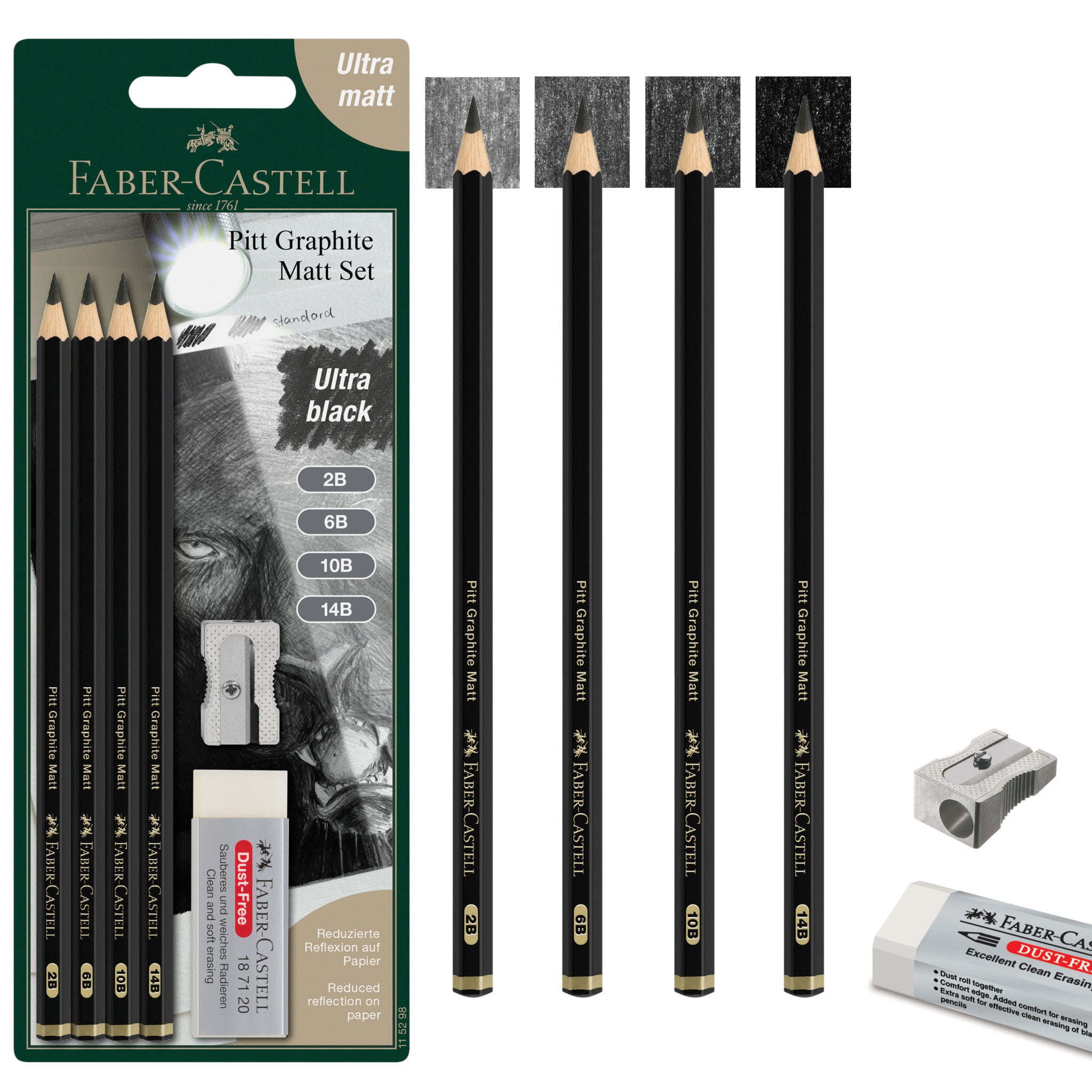 Professional Pitt Graphite Matte Sketching Pencils Set (2B, 6B, 10B, 14B) - Ideal for Artists, Drawing & Shading Techniques - #115298