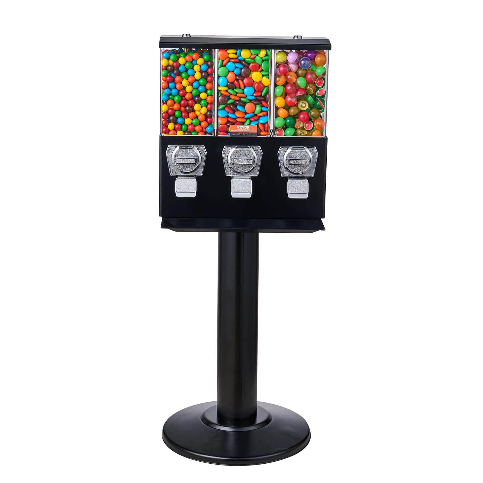 VEVOR Commercial Triple Compartment Candy Vending Machine with Iron Stand - Coin Operated Gumball & Nut Dispenser for Business (Black) | Perfect for Retail Stores, Arcades, and Office Break Rooms
