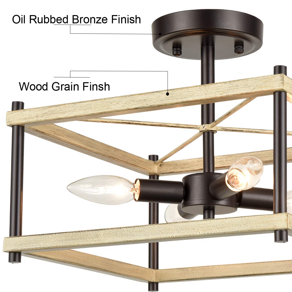 12-Inch Farmhouse Semi Flush Mount Ceiling Light - Modern Black & Wood 4-Light Fixture for Hallway, Bedroom, Foyer, Kitchen, Living & Dining Room - Perfect for Rustic Home Decor & Cozy Ambiance