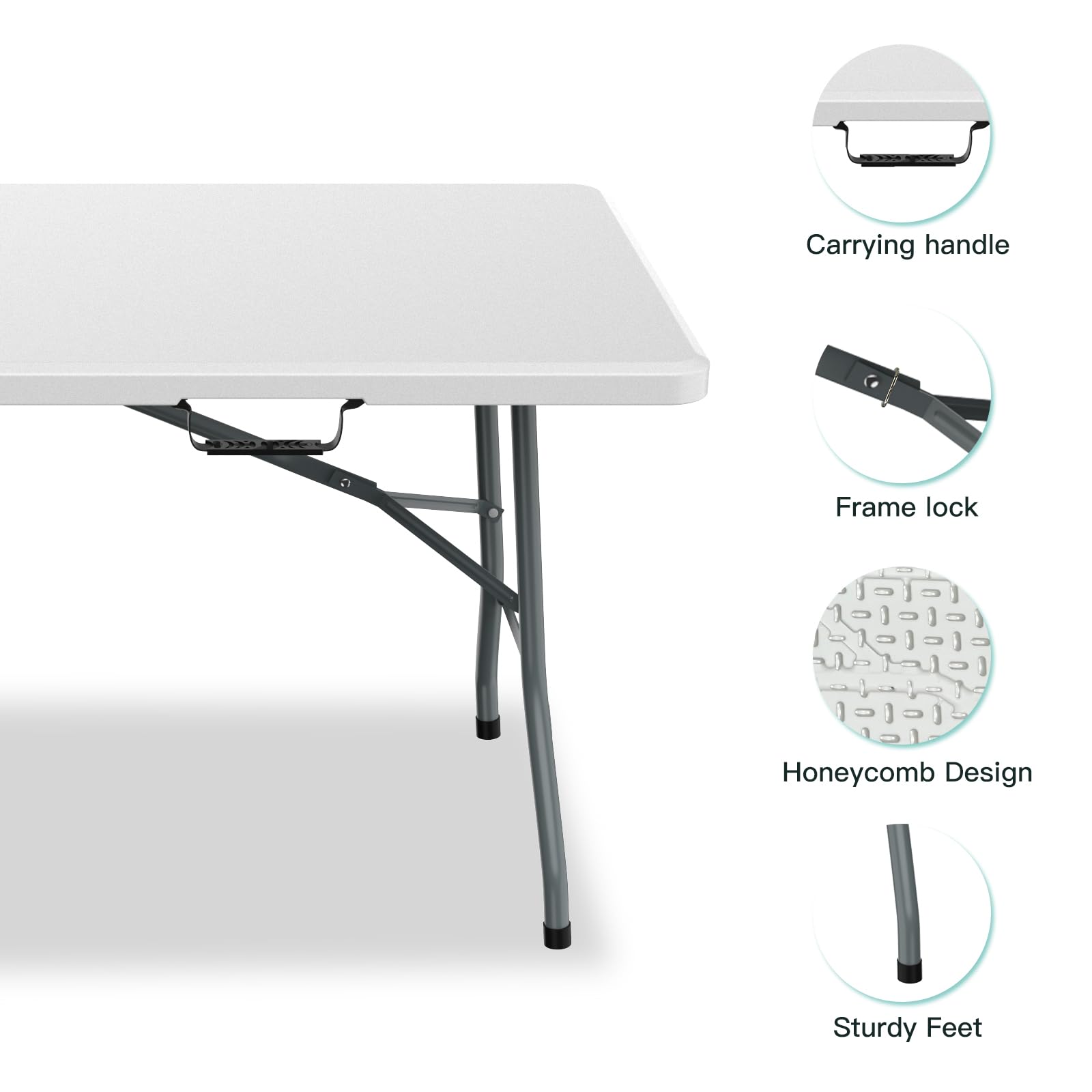 6FT Plastic Folding Table - Portable Lightweight Foldable Table for Outdoor Picnic, Camping, Party, Wedding, BBQ & Kitchen Use - Easy Carry Handle & Lock System - White - Perfect for Backyard Gatherings, Tailgating & Beach Trips