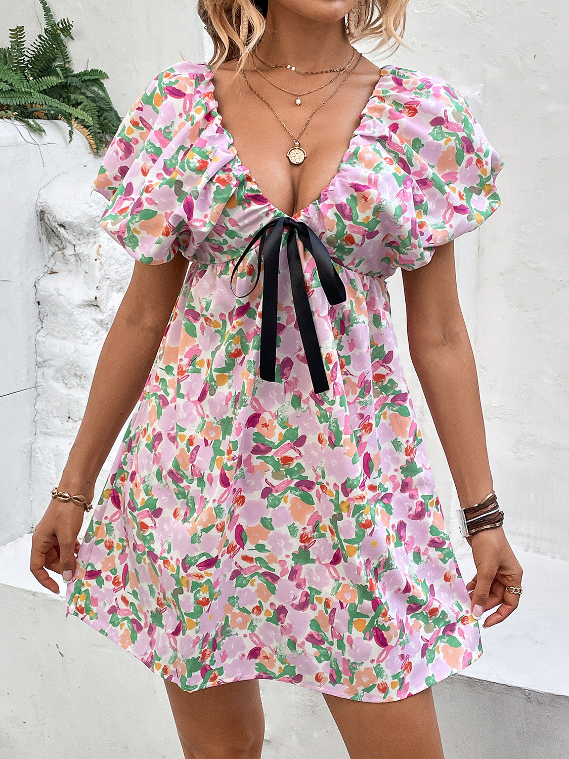 Elegant Puff Sleeve Mini Dress with Bow Tie Detail - Perfect for Date Night, Cocktail Parties & Summer Weddings