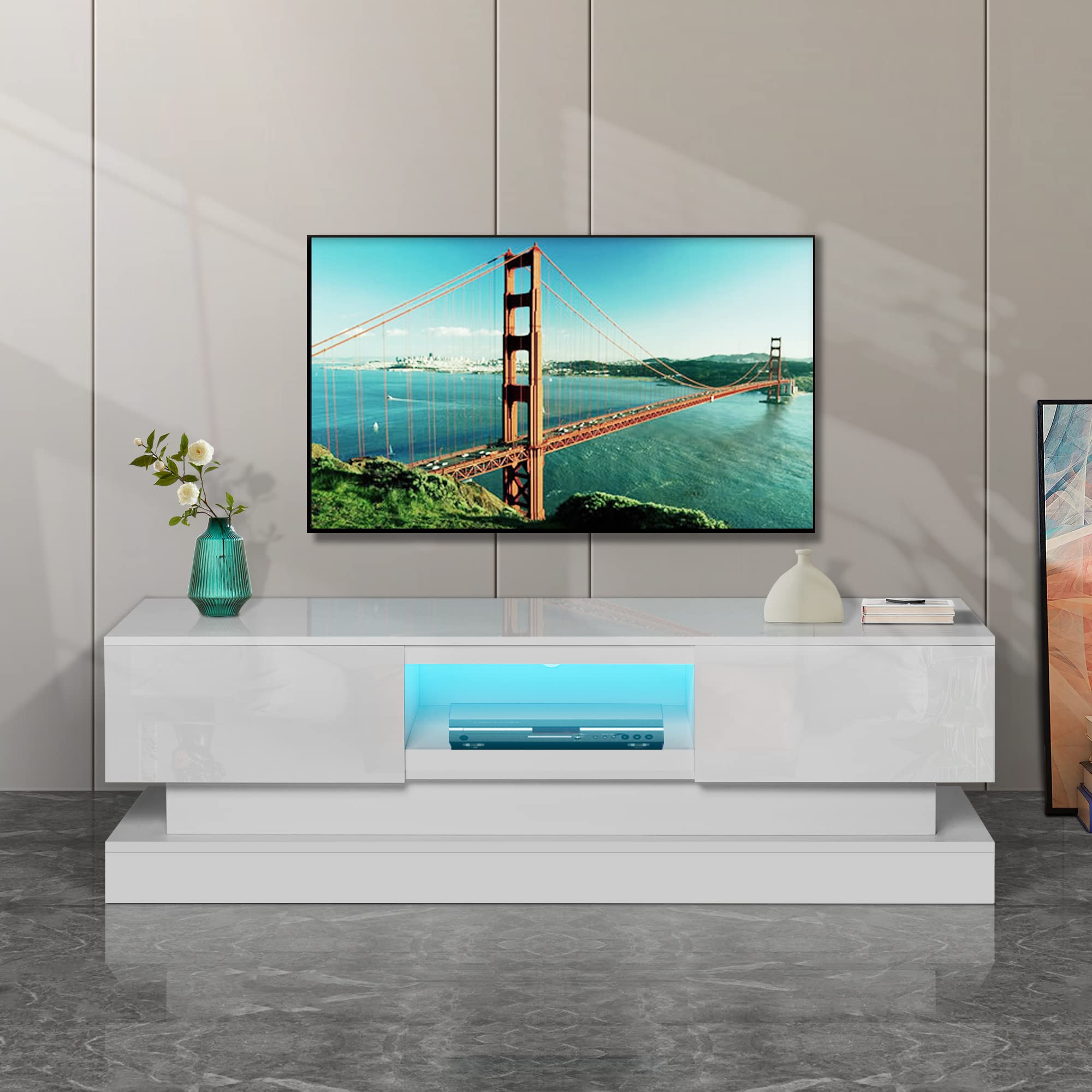 1.6M White Modern TV Stand with LED Lights - High Glossy Front TV Cabinet - Easy Assembly for Living Room, Bedroom & Lounge - White Color - Perfect for Home Entertainment & Stylish Décor