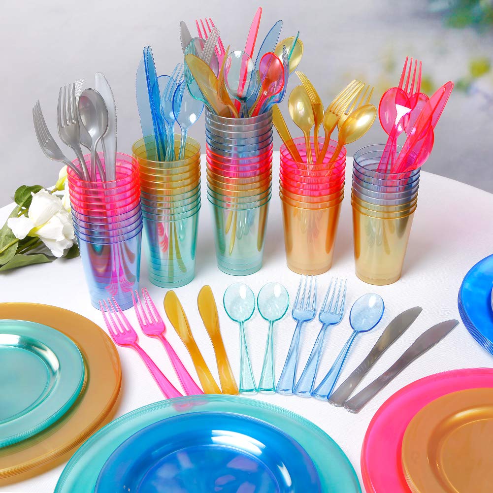 WDF 25-Piece Blue Disposable Dinnerware Set - Includes 25 Dinner Plates, 25 Salad Plates, 25 Forks, 25 Knives, 25 Spoons & 25 Blue Plastic Cups - Perfect for Easter Parties, Picnics & Outdoor Events