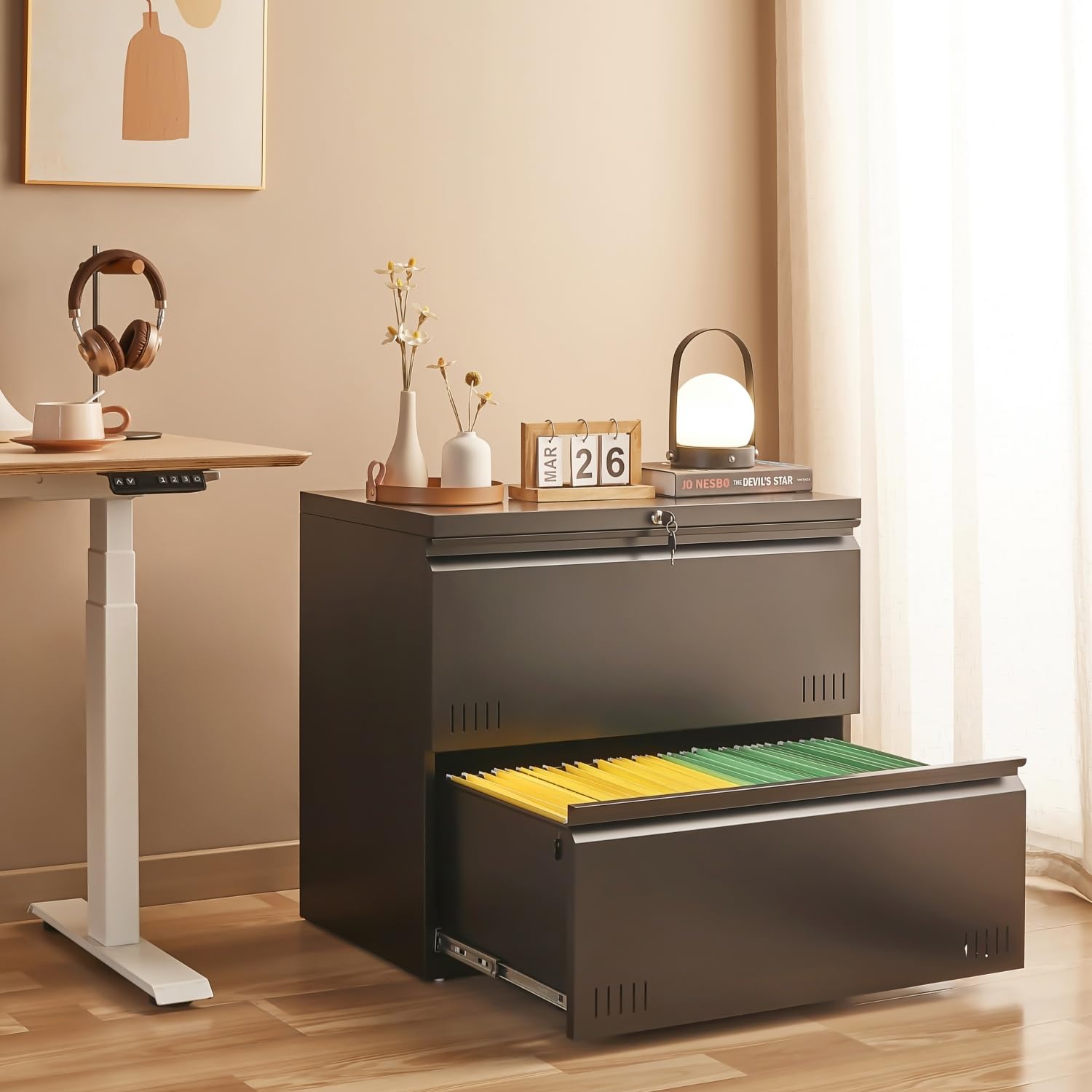 2 Drawer Lateral File Cabinet with Lock - Home Office Storage for A4, Letter & Legal Size Folders - Black Filing Cabinet for Documents, Printer Stand & Office Organization