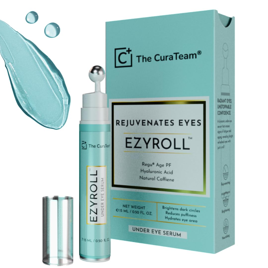 **CuraTeam EZYROLL Under Eye Roll On Serum with Hyaluronic Acid & Natural Caffeine – Cooling Massage Roller for Dark Circles, Puffiness & Fine Lines – Suitable for All Skin Types (Men & Women) – 15ml – Perfect for Morning Routine & Travel Skincare**