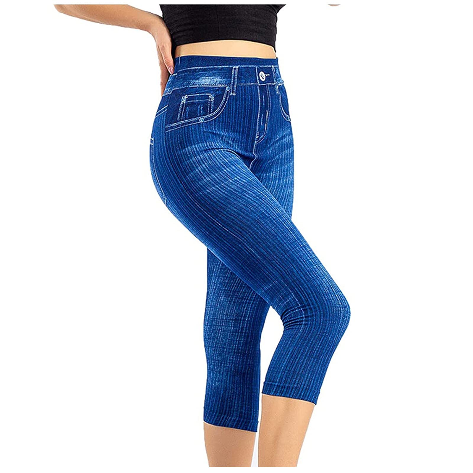 Kaloaede Women's High Waist Elastic Capri Leggings - Stretchy Denim-Like Pants for Yoga, Running & Casual Wear