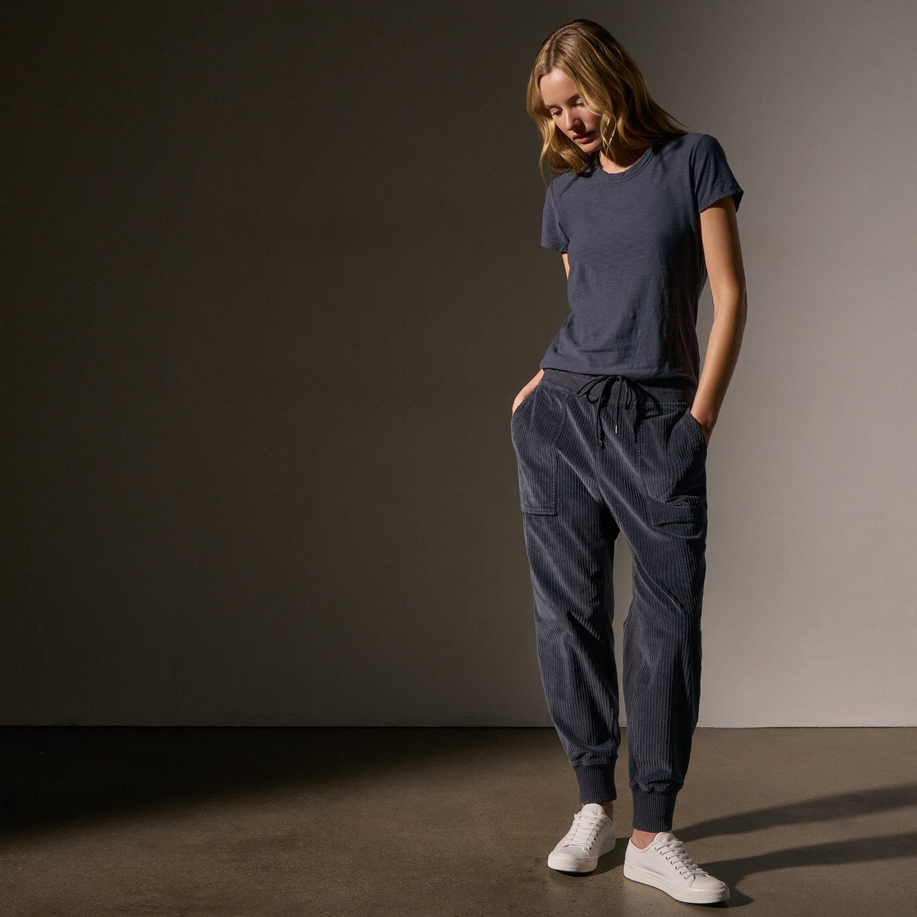 Stylish Corduroy Mixed Media Pants in Blue Noir Pigment - Perfect for Casual Outfits & Fall Fashion