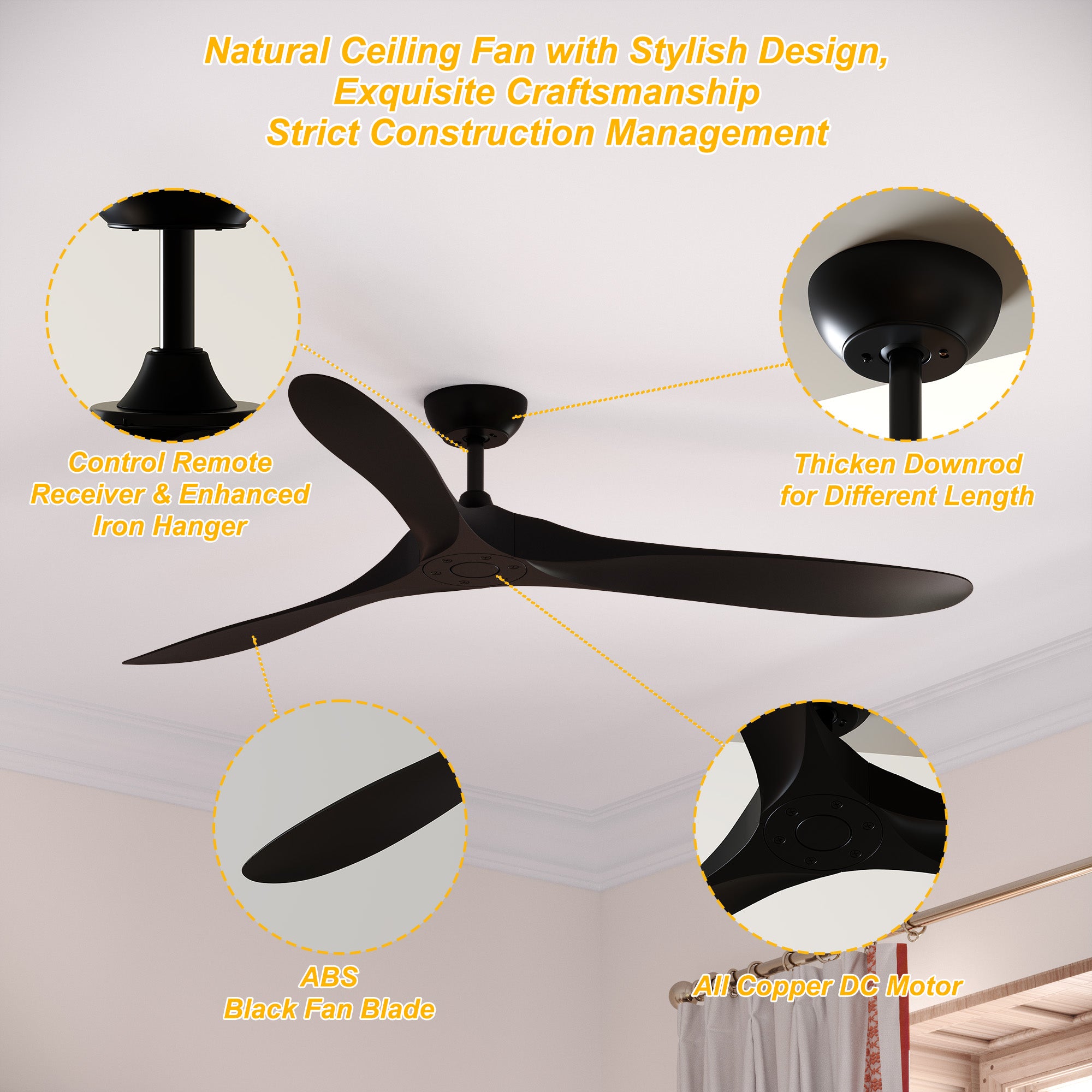 Modern Black Ceiling Fan with 3 Blades - Energy Efficient Quiet DC Motor - Perfect for Bedroom, Living Room, and Office Spaces