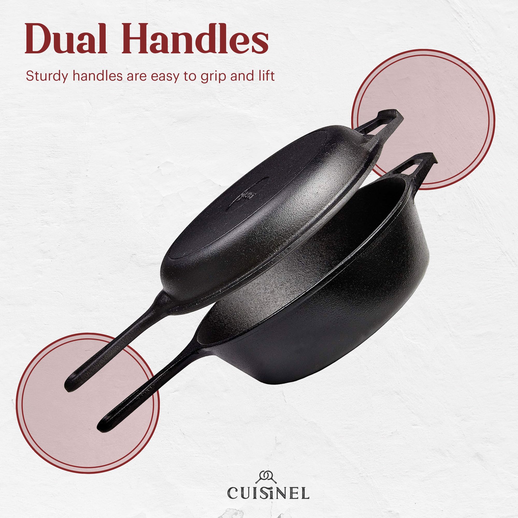 Cuisinel 3-Qt Cast Iron Skillet with Lid - 2-in-1 Deep Pot & Frying Pan - Pre-Seasoned Dutch Oven for Baking, Grilling & Stovetop Cooking - Perfect for Indoor, Outdoor, Camping & Induction Cooktops