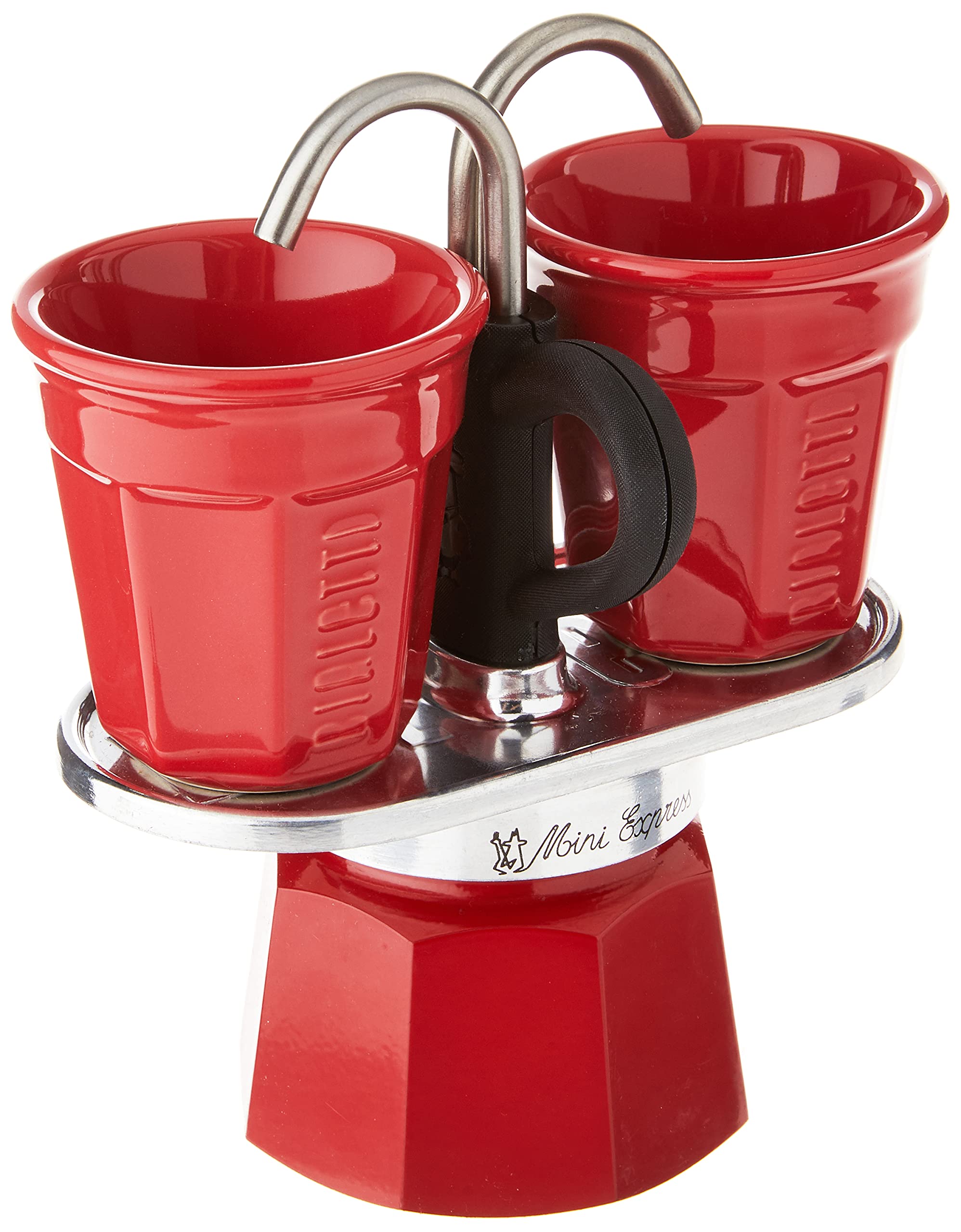 Bialetti Mini Express 2-Cup Moka Pot Coffee Maker with 2 Shot Glasses - Red Aluminum Stovetop Espresso Maker for Home & Office Use
