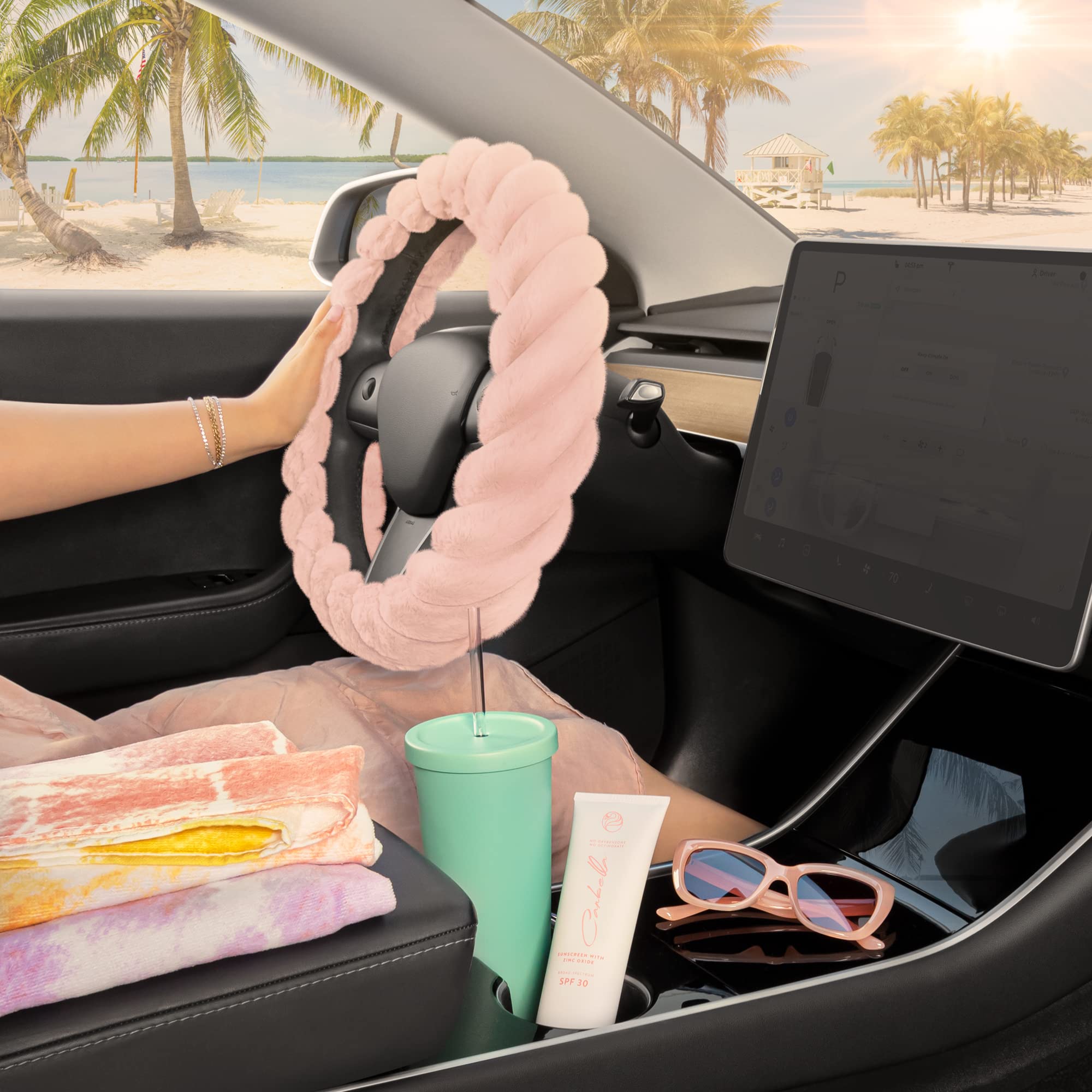 **Soft Pink Faux Fur Steering Wheel Cover - 15 Inch Universal Fit for Most Cars, Fluffy & Cozy Car Accessories for Women - Perfect for Winter Driving & Stylish Interior Upgrade**