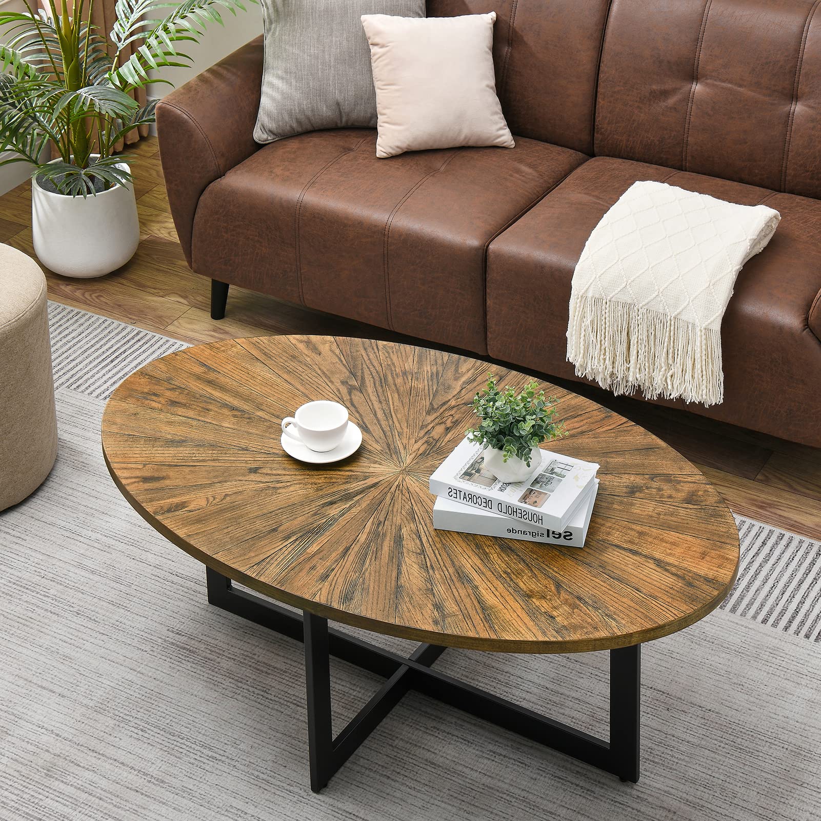 Solid Wood Oval Coffee Table with Cross Metal Legs - 47.9