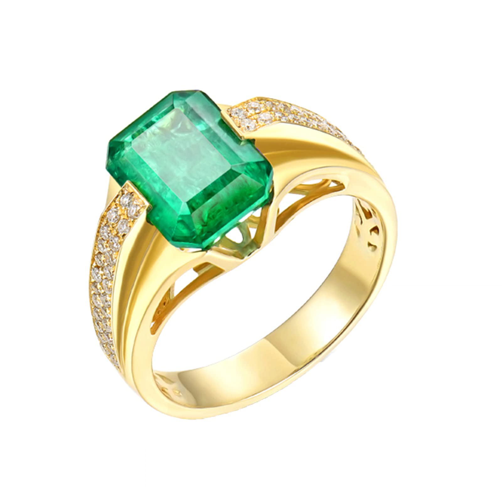18K Yellow Gold Vintage Wedding Bands for Men with Created Emerald & Moissanite/Zirconia - Unique 925 Sterling Silver Rings - Perfect for Engagement, Anniversary & Special Occasion Gifts