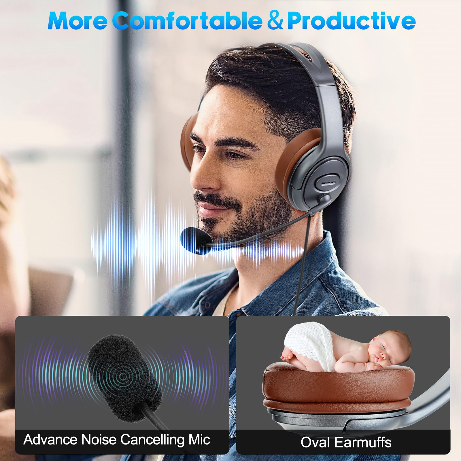 EMAIKER Gold USB Type C Headphones - Over Ear Office USB-C Headset with Noise Cancelling Mic & Volume Control - Compatible with Teams, Zoom, Google Meet, Skype - Perfect for Remote Work, Online Meetings & Dictation