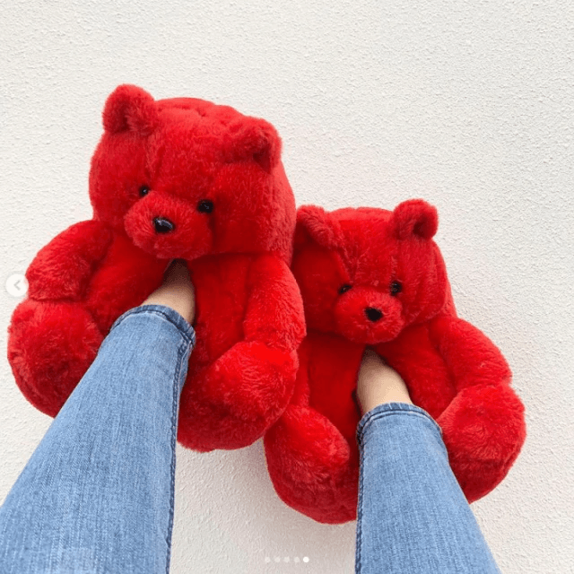 Cozy Red Teddy Bear Plush Slippers for Women & Men - Soft Faux Fur House Shoes with Non-Slip Soles - Perfect for Winter, Home, Lounge & Gift Giving