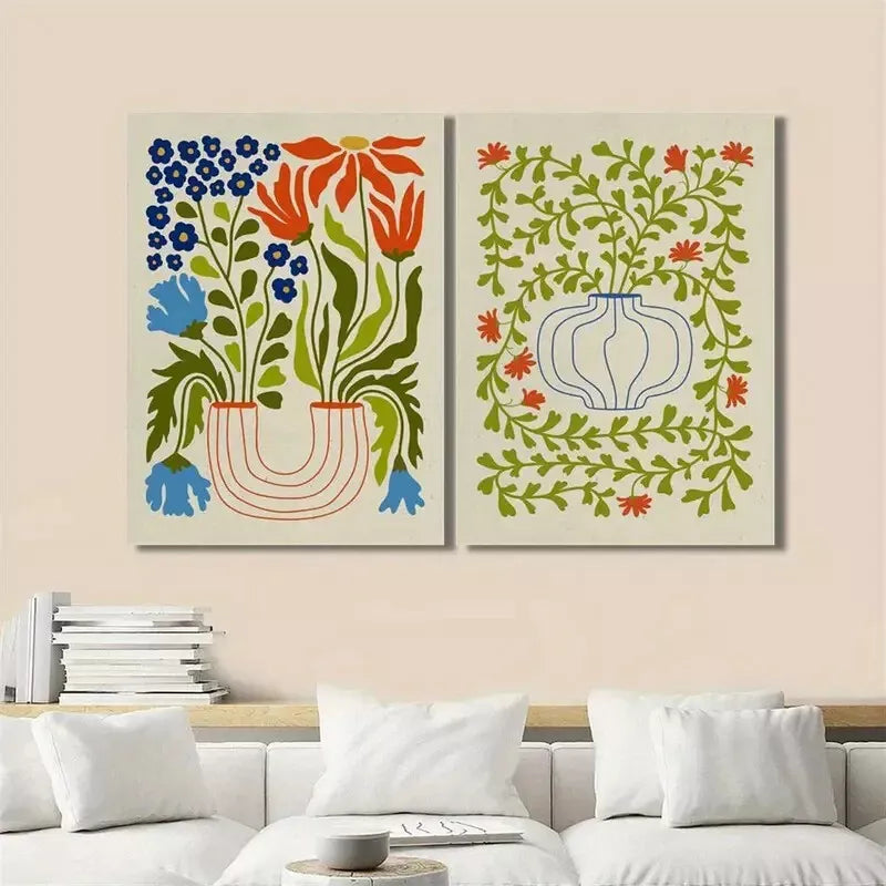 2-Pack Retro Abstract Canvas Wall Art - 50x75cm Framed Decorative Painting with Potted Plants Design | High Quality Print | Ready to Hang | Perfect for Living Room, Bedroom & Office Decor