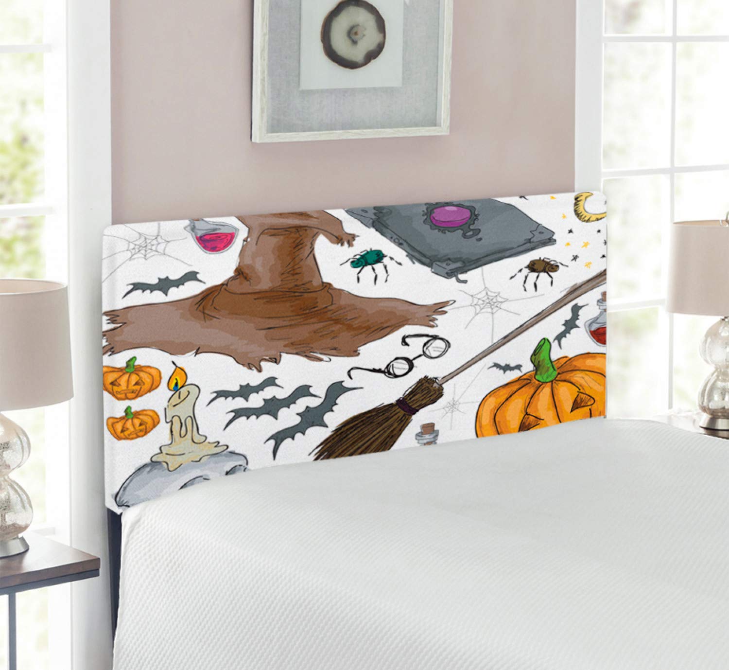 Ambesonne Halloween Twin Size Upholstered Headboard - Magic Spells Witch Craft Doodle Design with Memory Foam, Decorative Metal Bed Frame for Spooky Bedroom Decor | Perfect for Halloween Parties, Themed Rooms & Gothic Home Decor
