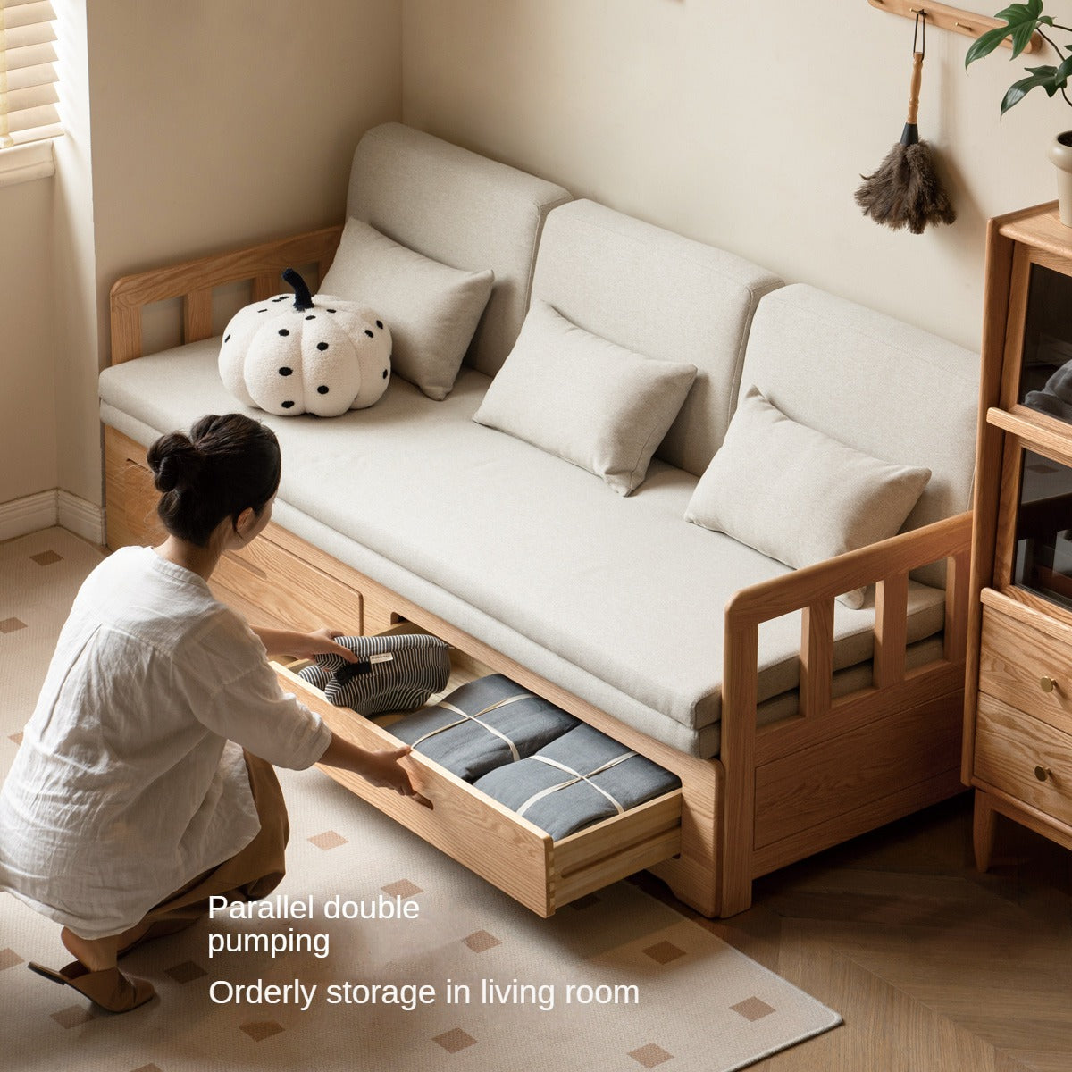 Solid Oak Wood Sofa Bed with Folding & Retractable Storage | Convertible Sleeper for Small Spaces, Guest Rooms & Apartments
