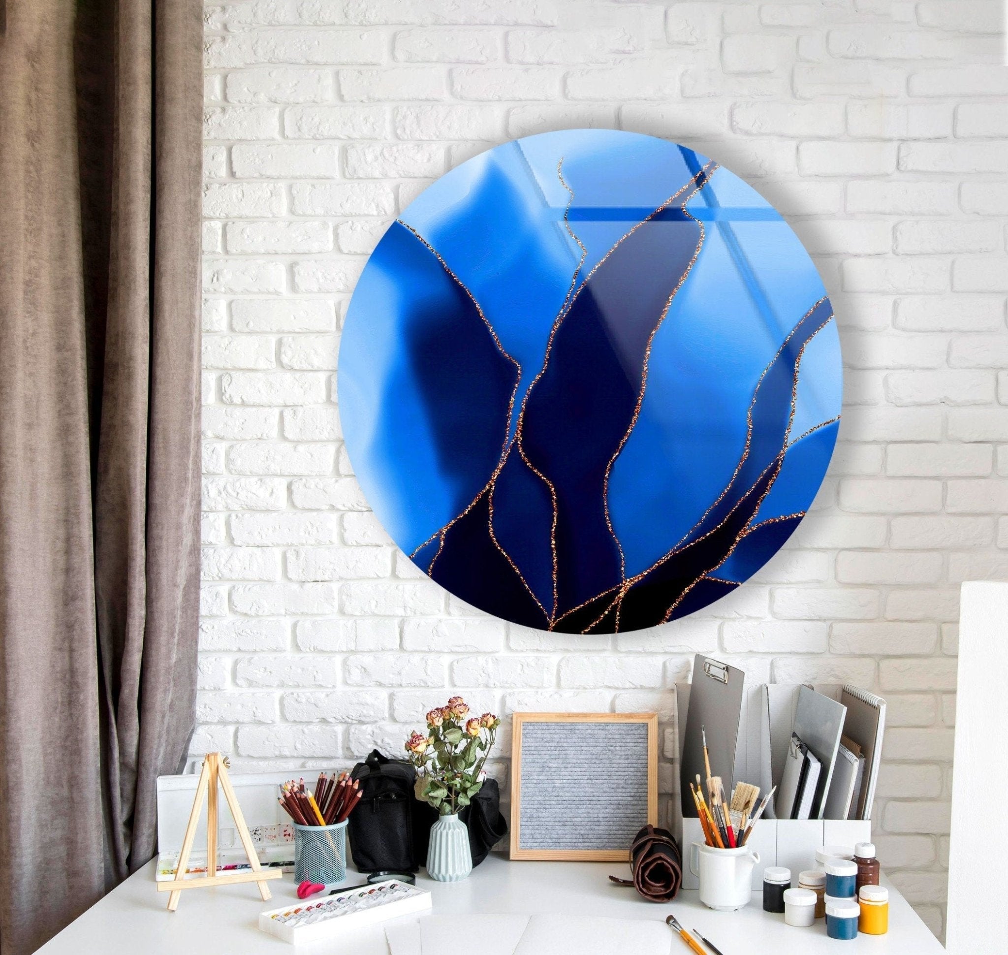 Abstract Round Black & Blue Glass Wall Art - Modern Home Decor for Living Room, Bedroom & Office - Handmade Glass Wall Sculpture for Unique Interior Design