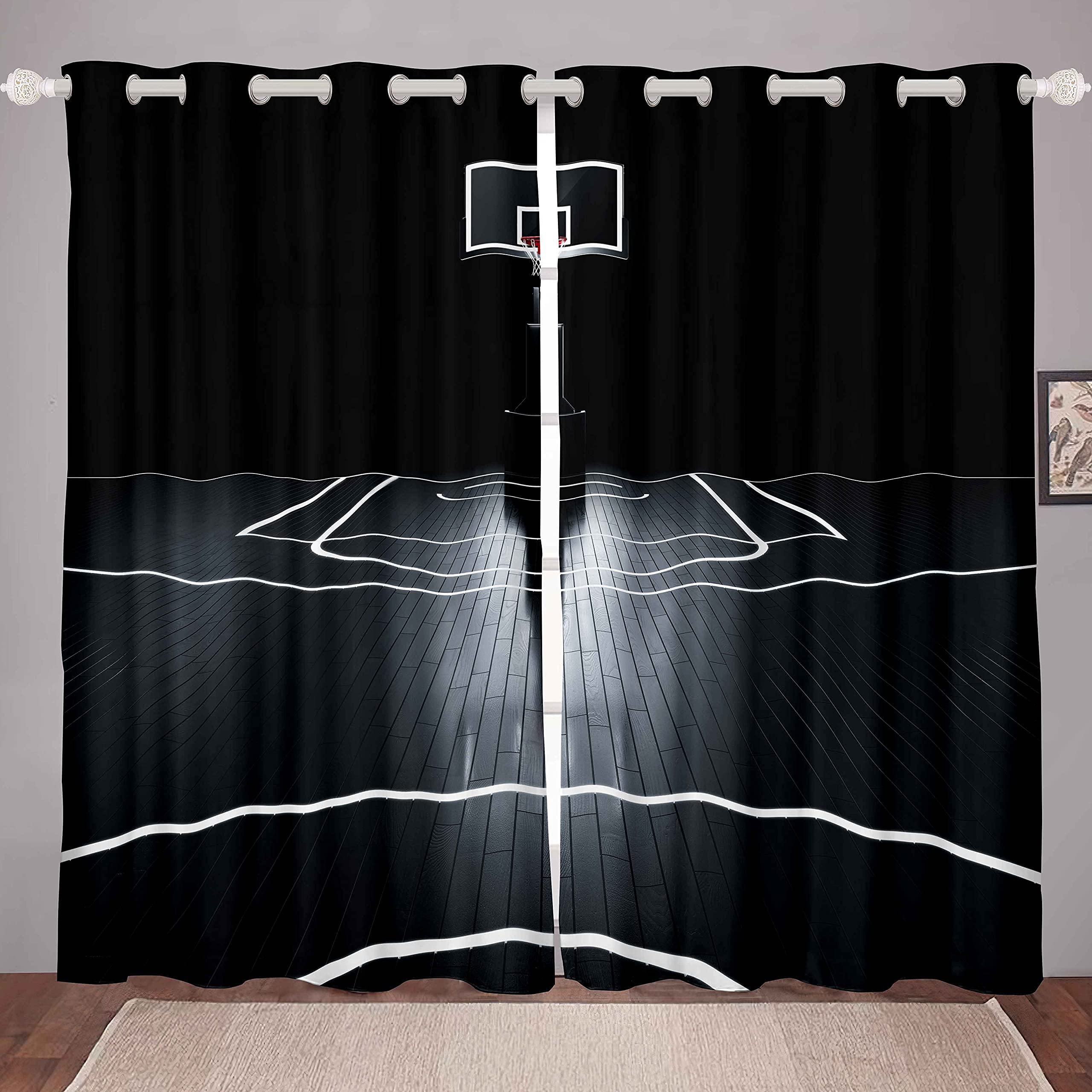 Basketball Curtains for Boys Room - Sports Themed Window Drapes for Kids & Teens - Black & White 42x63 Inch Basketball Court Design - Perfect for Bedroom, Living Room & Game Room Decor - 2 Panels