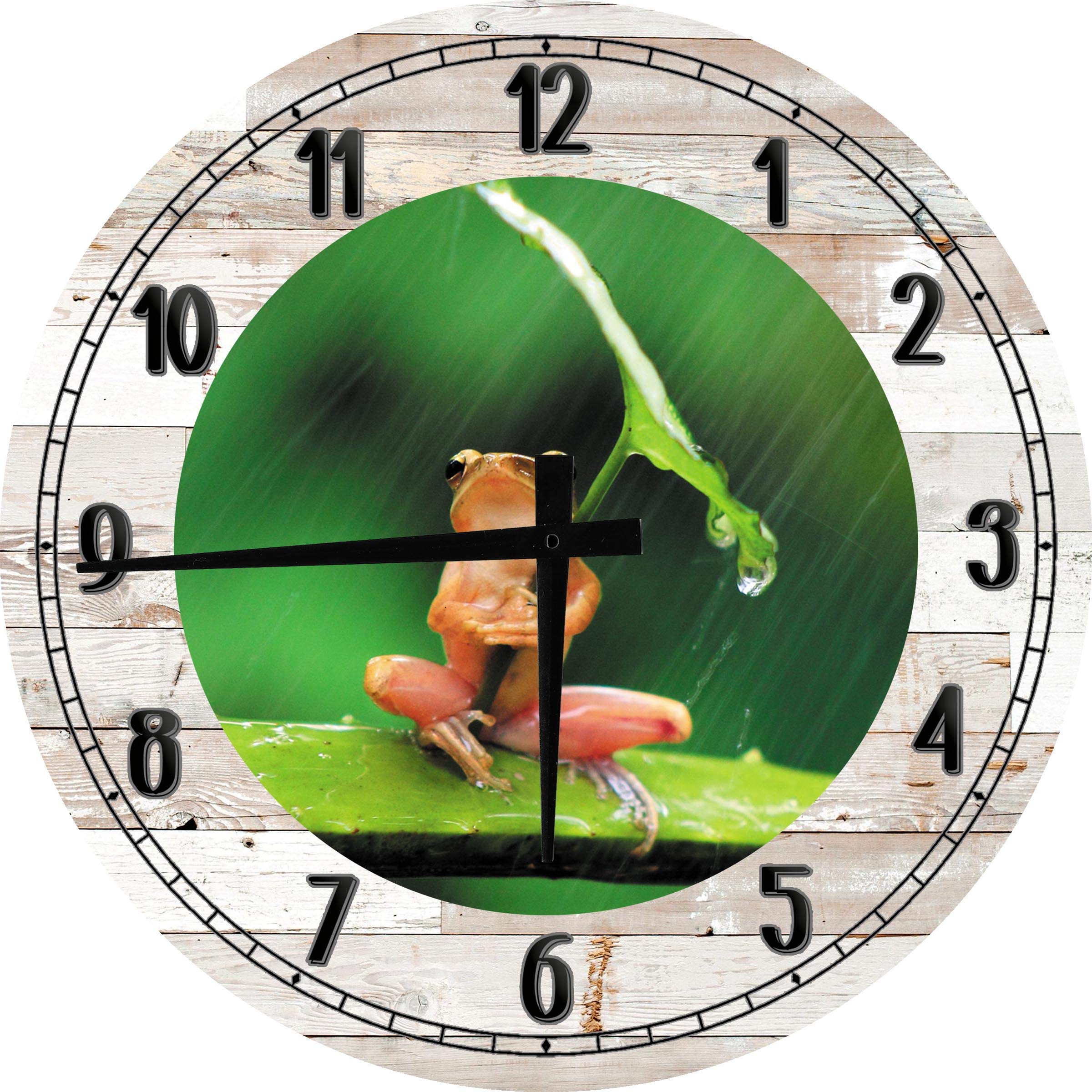 18 Inch White Jungle Rainforest Frog Wall Clock - Tiny Tree Frog Under Leaf Umbrella Design, Large Round Wood Decor for Living Room, Bedroom, or Office