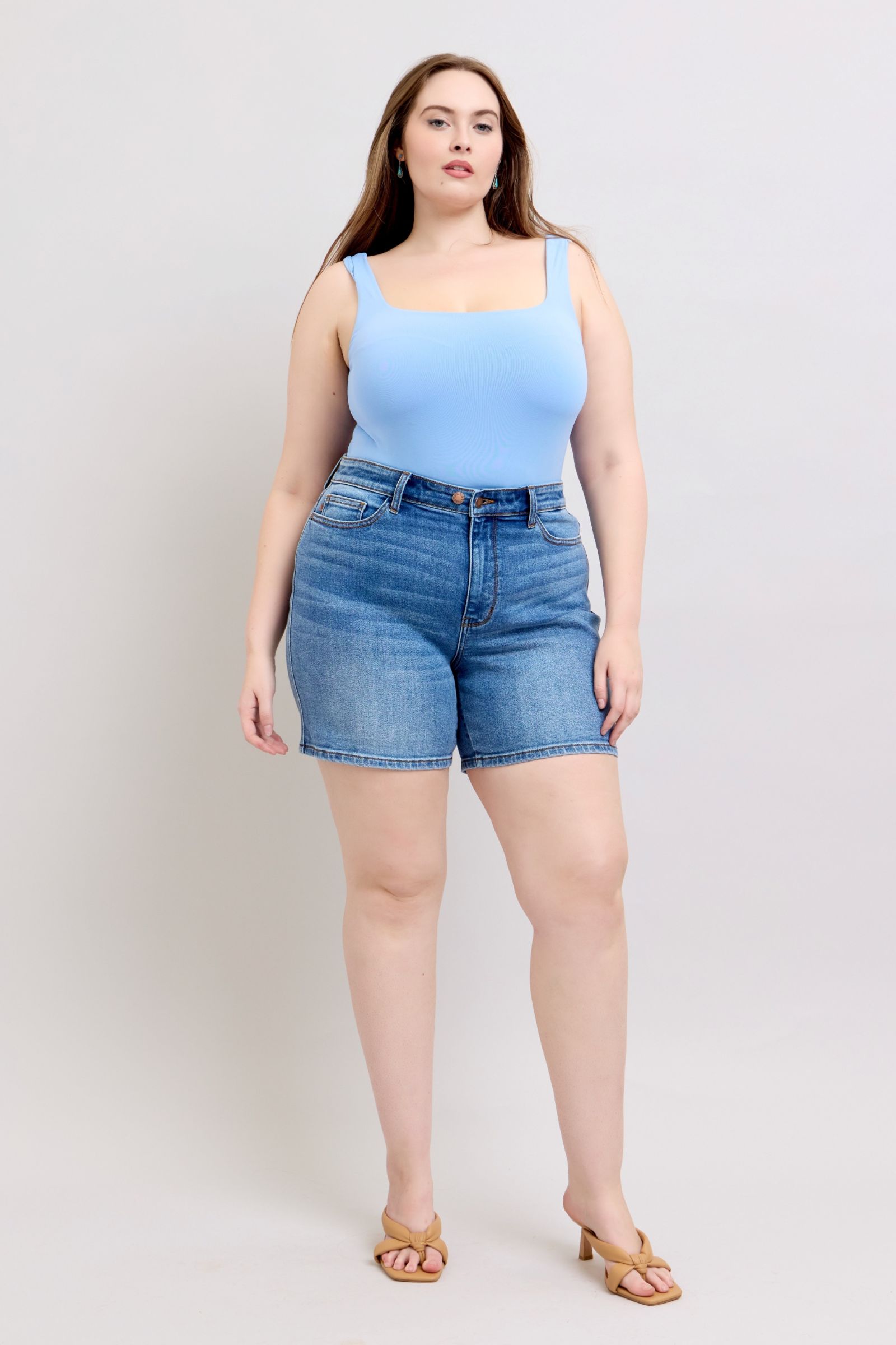 Judy Blue Women's High Waisted 2 Button Denim Shorts with Pockets - Comfortable Stretch Jeans for Summer, Casual Wear & Outfits