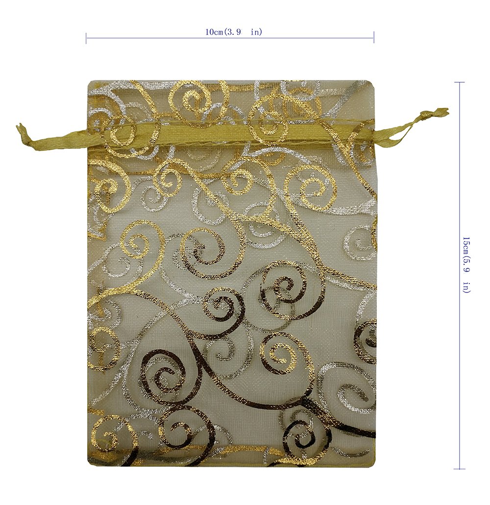 100pcs Sheer Organza Favor Bags 4x6 Inch Gold - Elegant Wedding Gift Bags, Baby Shower Party Favors, Rattan Print Drawstring Pouches for Candy, Jewelry & Small Gifts - Perfect for Bridal Showers, Birthday Parties and Special Events