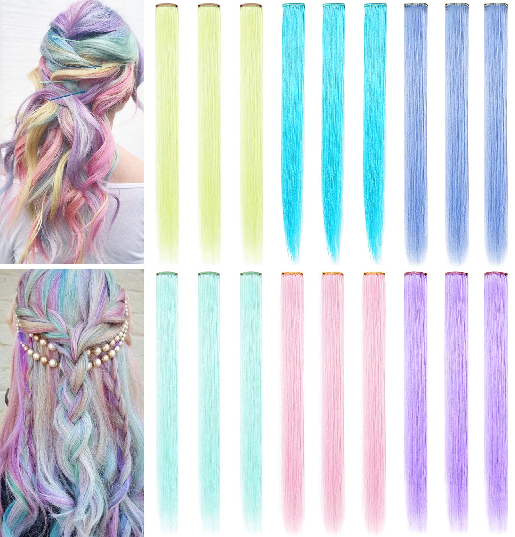 JCHDWSGUO 18-Piece Multi-Colored Clip-In Hair Extensions - 21 Inch Heat-Resistant Synthetic Straight Hair for Women & Girls | Perfect for Holiday Parties, Cosplay & Daily Styling (Rainbow Colors)