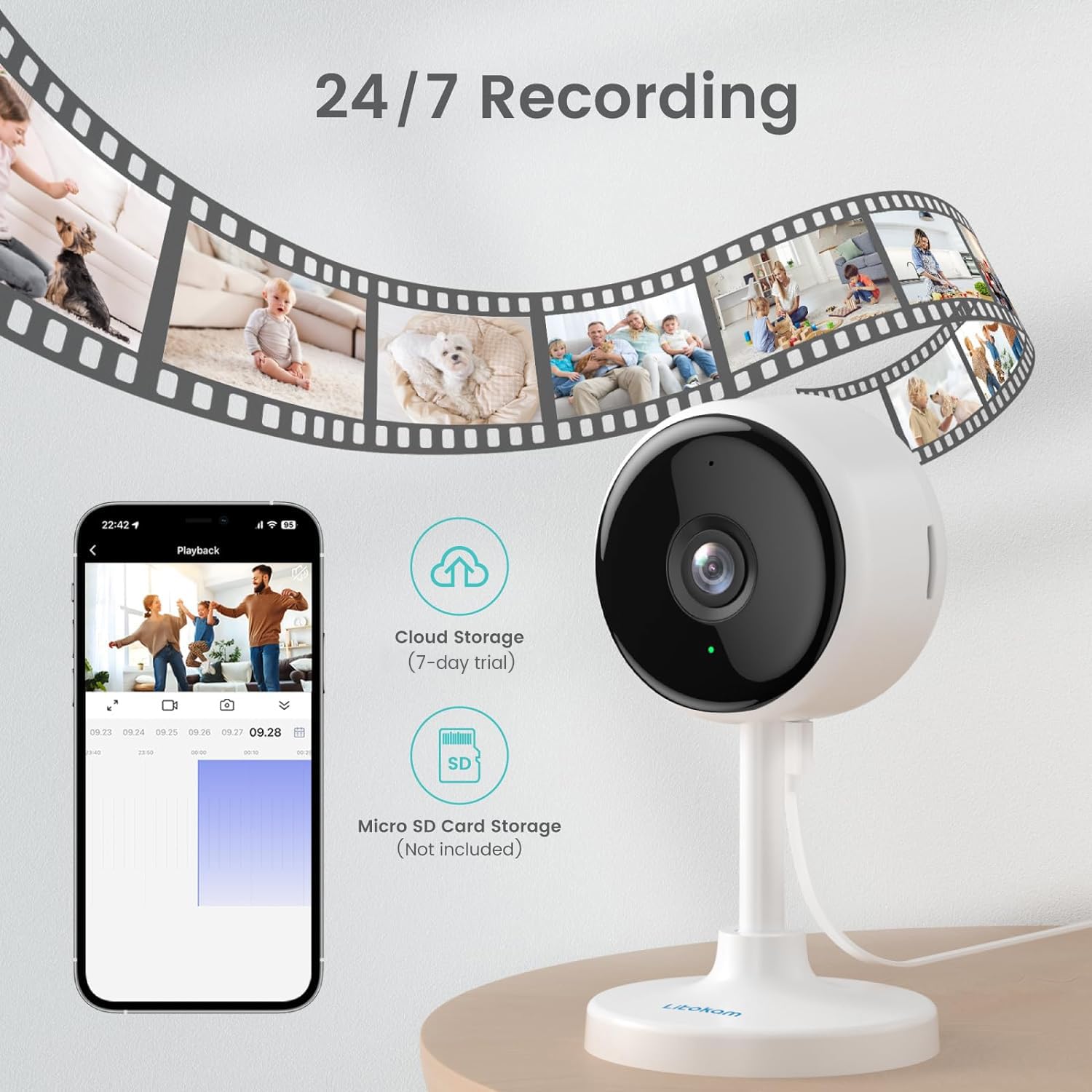 Litokam 2K Indoor Security Camera with Night Vision, Motion Detection & 2-Way Audio - WiFi Pet Camera for Home Monitoring, Works with Alexa & Phone App - Perfect for Baby, Pet & Home Security Surveillance