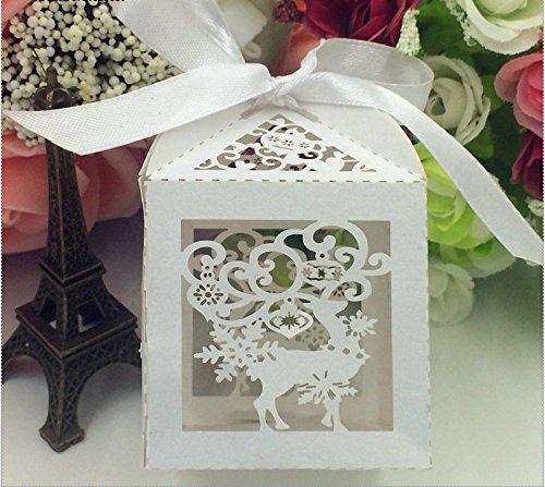 50 PCS Laser Cut Christmas Reindeer Candy Boxes - White Pearl Paper Party Favor Boxes for Holiday Decorations, Wedding Showers & Chocolate Gifts
