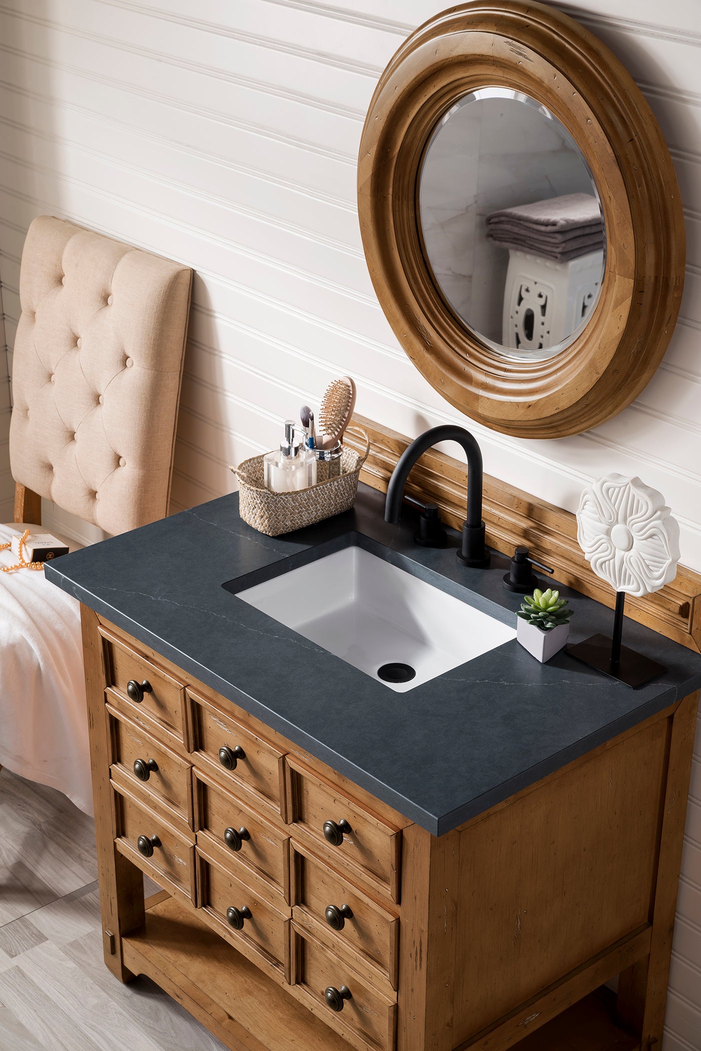 Malibu 36 Inch Single Bathroom Vanity with Honey Alder Wood & 3CM Charcoal Soapstone Quartz Top - Perfect for Modern Master Bathrooms & Powder Rooms