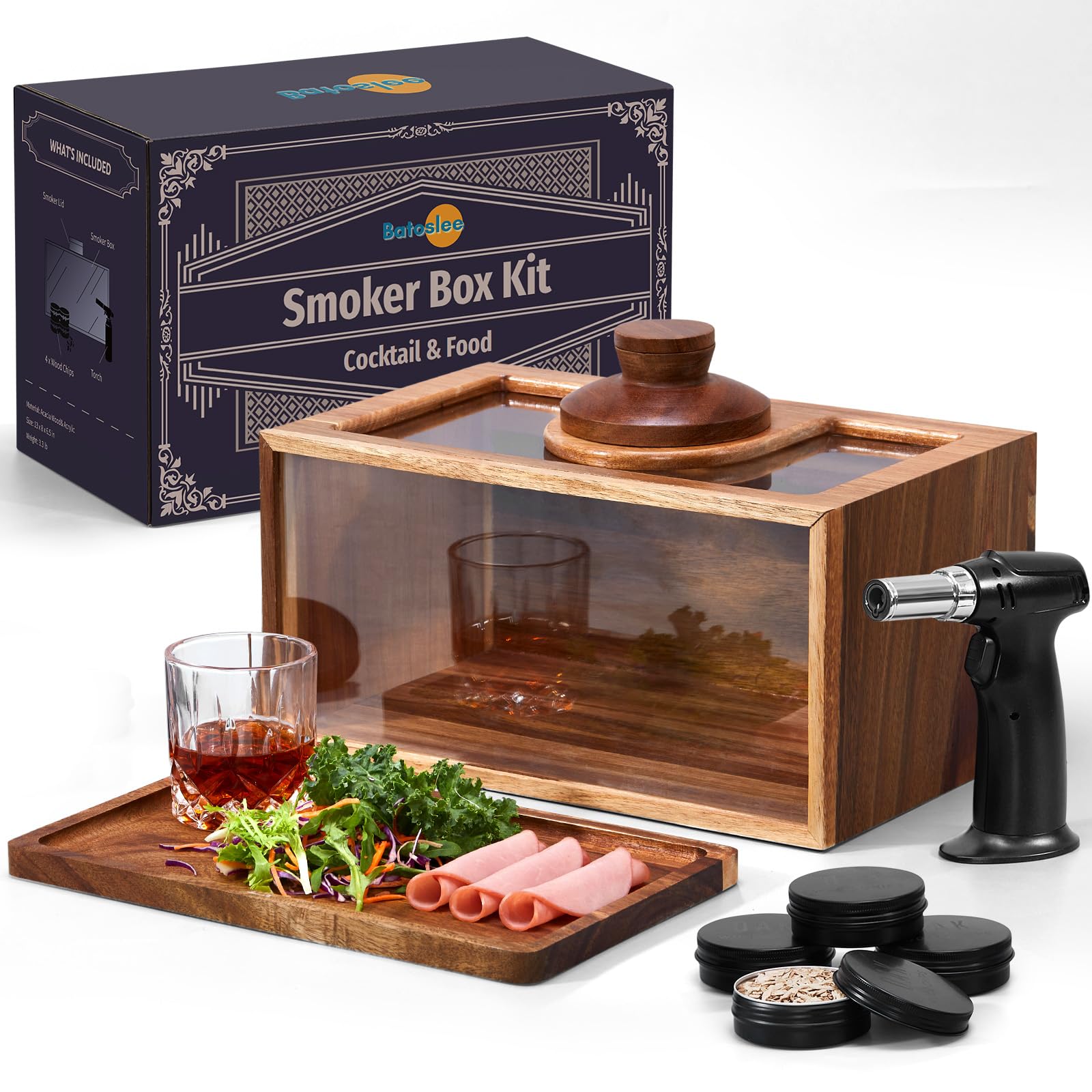 Premium Cocktail Smoker Kit - Whiskey & Bourbon Smoking Gun Set with Wood Chips, Smoking Box & Food Tray - Perfect for Old Fashioned Cocktails & Gourmet Food - Ideal Gift for Men & Home Bartenders (Butane-Free)