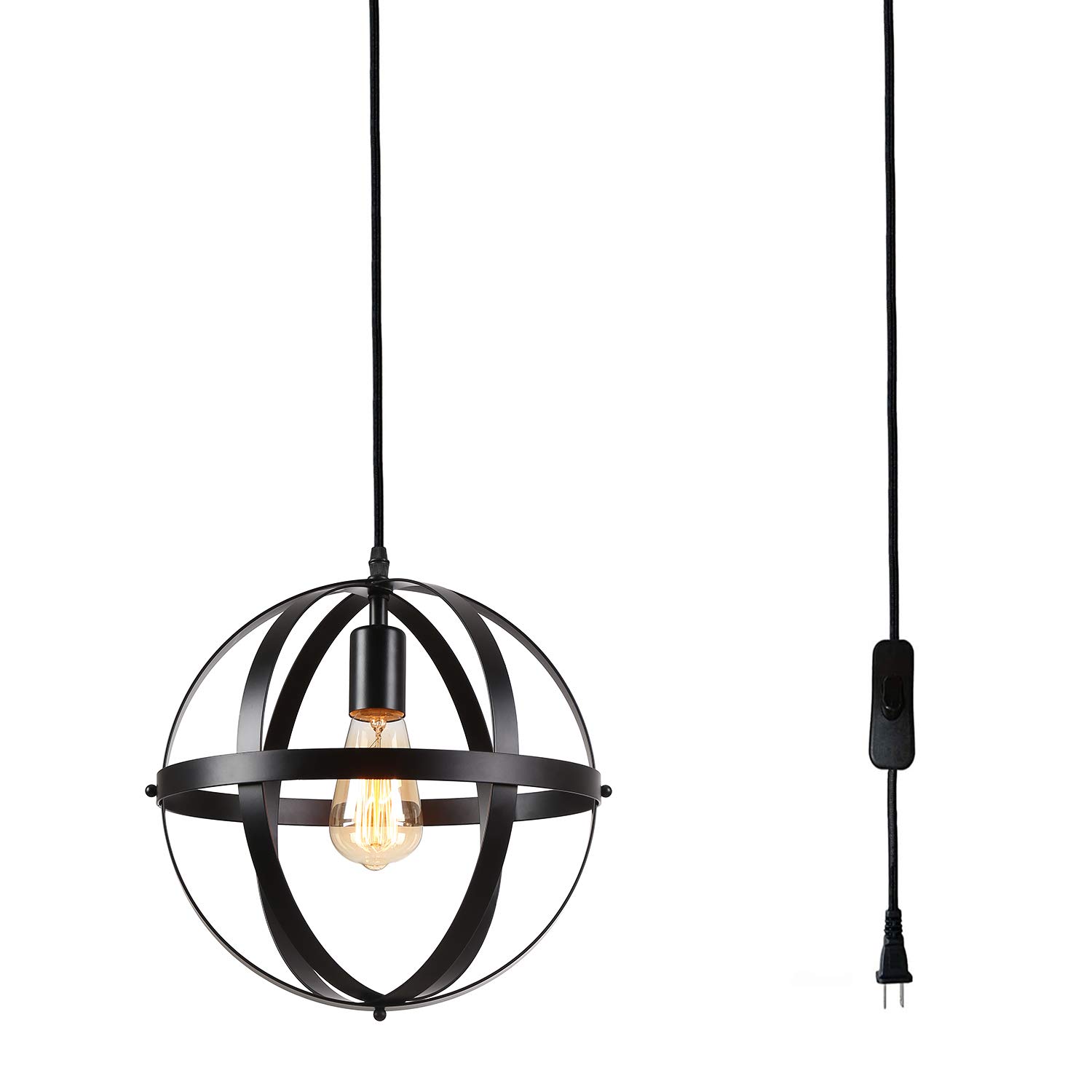 Vintage Black Industrial Farmhouse Plug-in Chandelier - 14.27 ft Hanging Cord with On/Off Switch, Metal Globe Pendant Light for Dining Room, Kitchen, Bedroom, Barn - Perfect for Rustic Home Decor & Cozy Ambiance Lighting