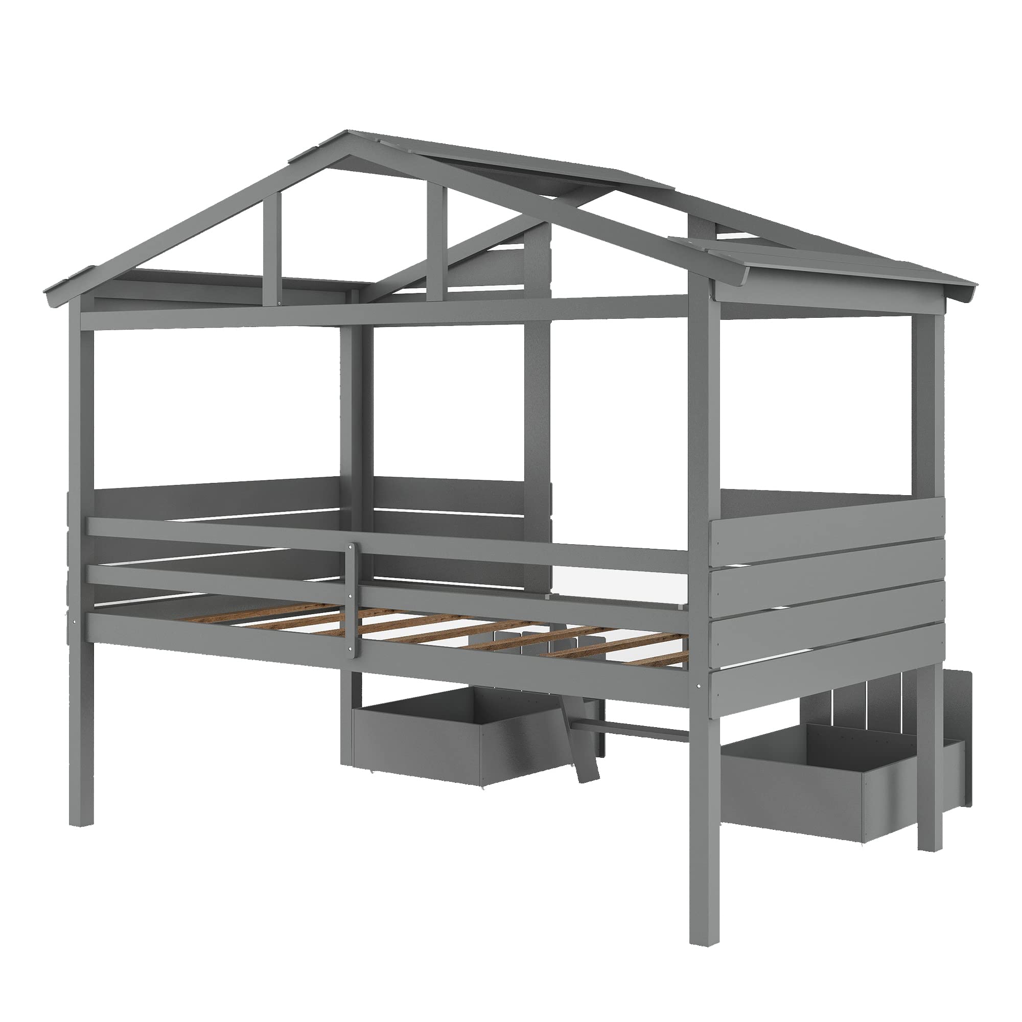 Kids Twin Size Wood Loft Bed with Two Drawers, Windows & Roof Design - Fence-Shaped Guardrails & Short Ladder - Perfect for Boys & Girls Bedrooms (Gray) - Space-Saving Solution for Small Rooms & Fun Sleepovers