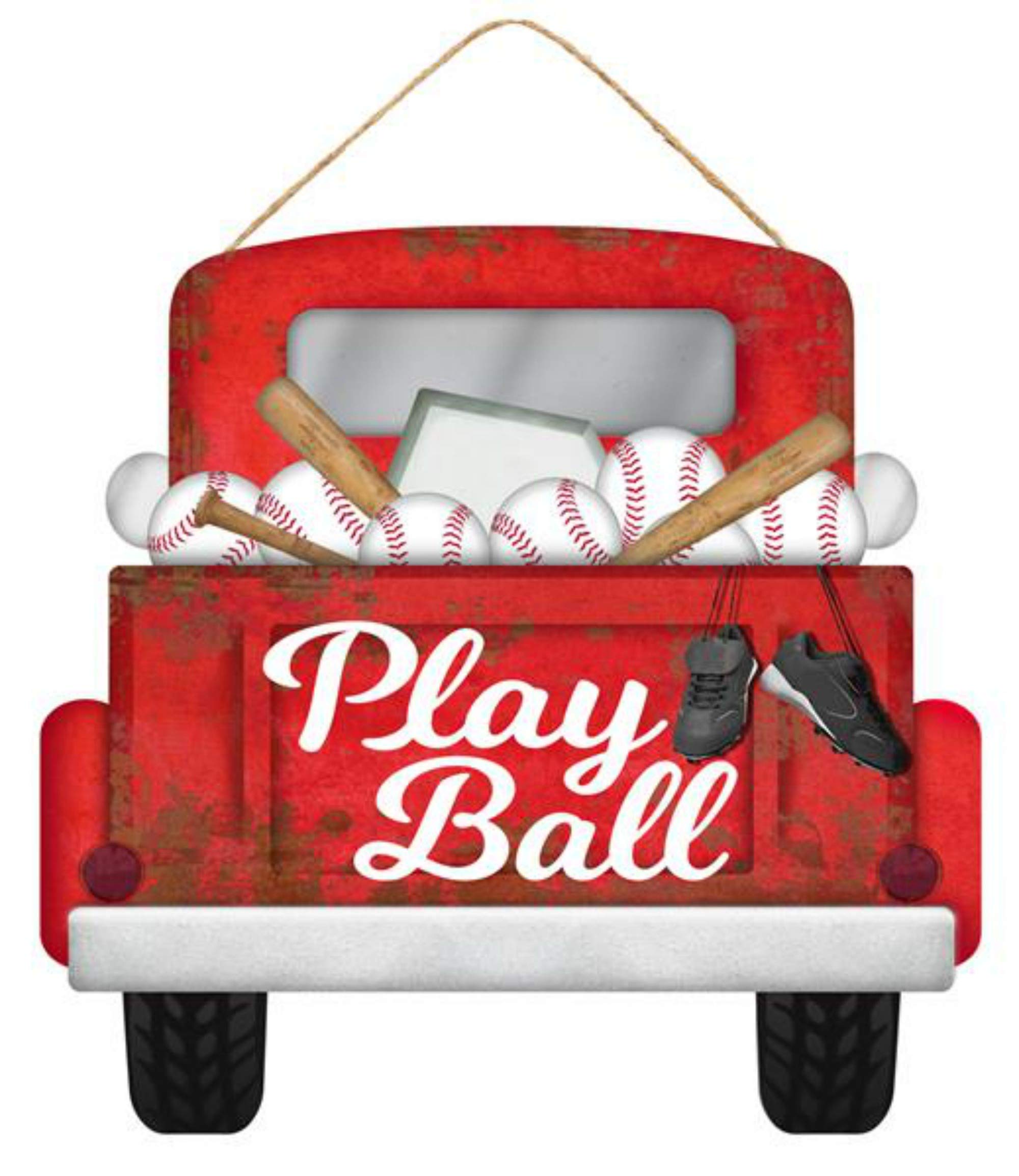 Craig Bachman 11 Inch Wooden Truck Sign - Vintage Red Truck with Baseballs Decor - Rustic Home Wall Art for Man Cave, Sports Bar, Baseball Fan Gift