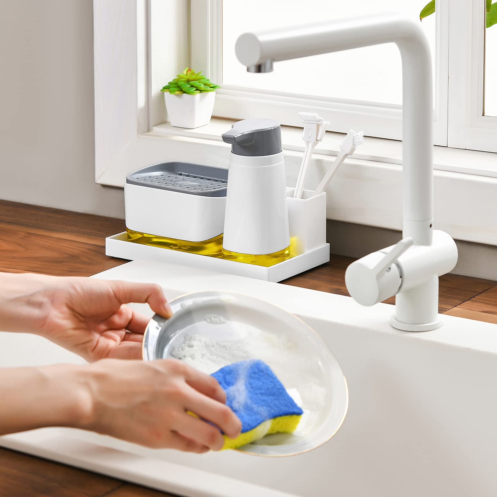 SUBEKYU Kitchen Soap Dispenser Set with Sponge Holder & Tray - Grey & White Plastic Hand & Dish Soap Dispenser for Sink - Perfect for Kitchen Organization & Dish Washing (Brush Not Included)