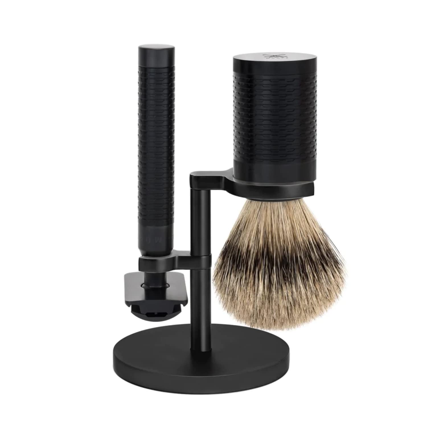 Premium MÜHLE ROCCA Jet Black Stainless Steel 3-Piece Shaving Set - Silvertip Badger Brush, Safety Razor & Stand - Luxury Men's Grooming Kit for Wet Shaving, Travel & Gift Giving