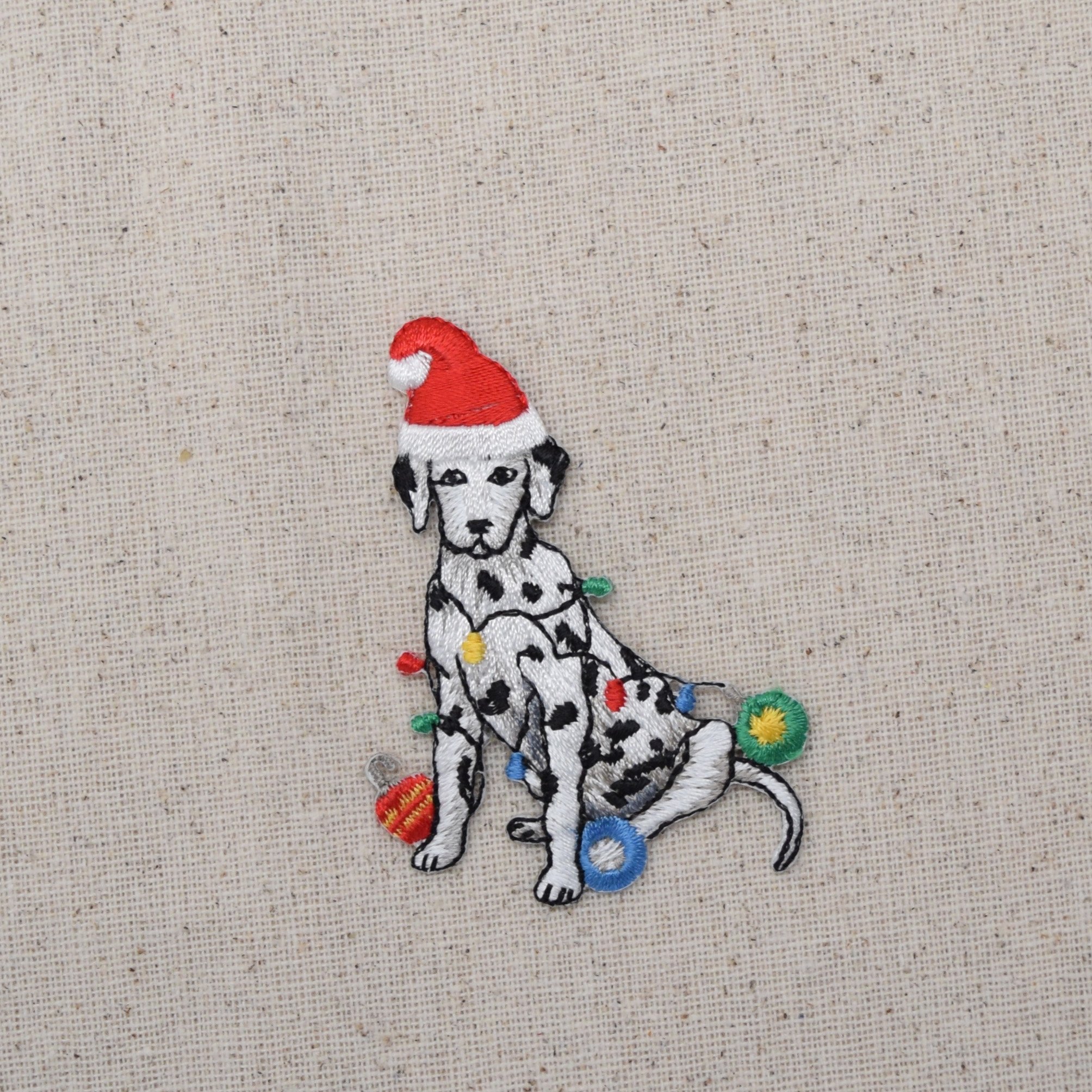 Christmas Dalmatian Puppy Iron On Patch with Santa Hat & Lights - Embroidered Dog Applique for DIY Crafts, Holiday Sweaters & Gift Decorations