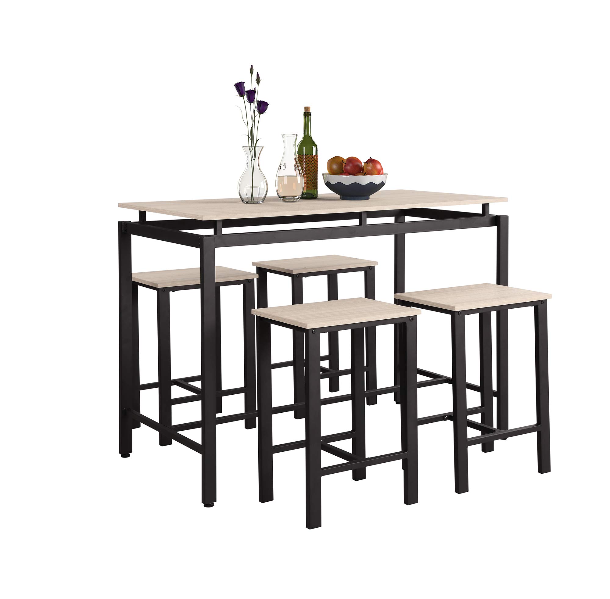 Modern 5-Piece Beige Kitchen Dining Table Set with Counter Height Table & 4 Chairs, Metal & Wood Design for Home, Kitchen, and Small Space Dining