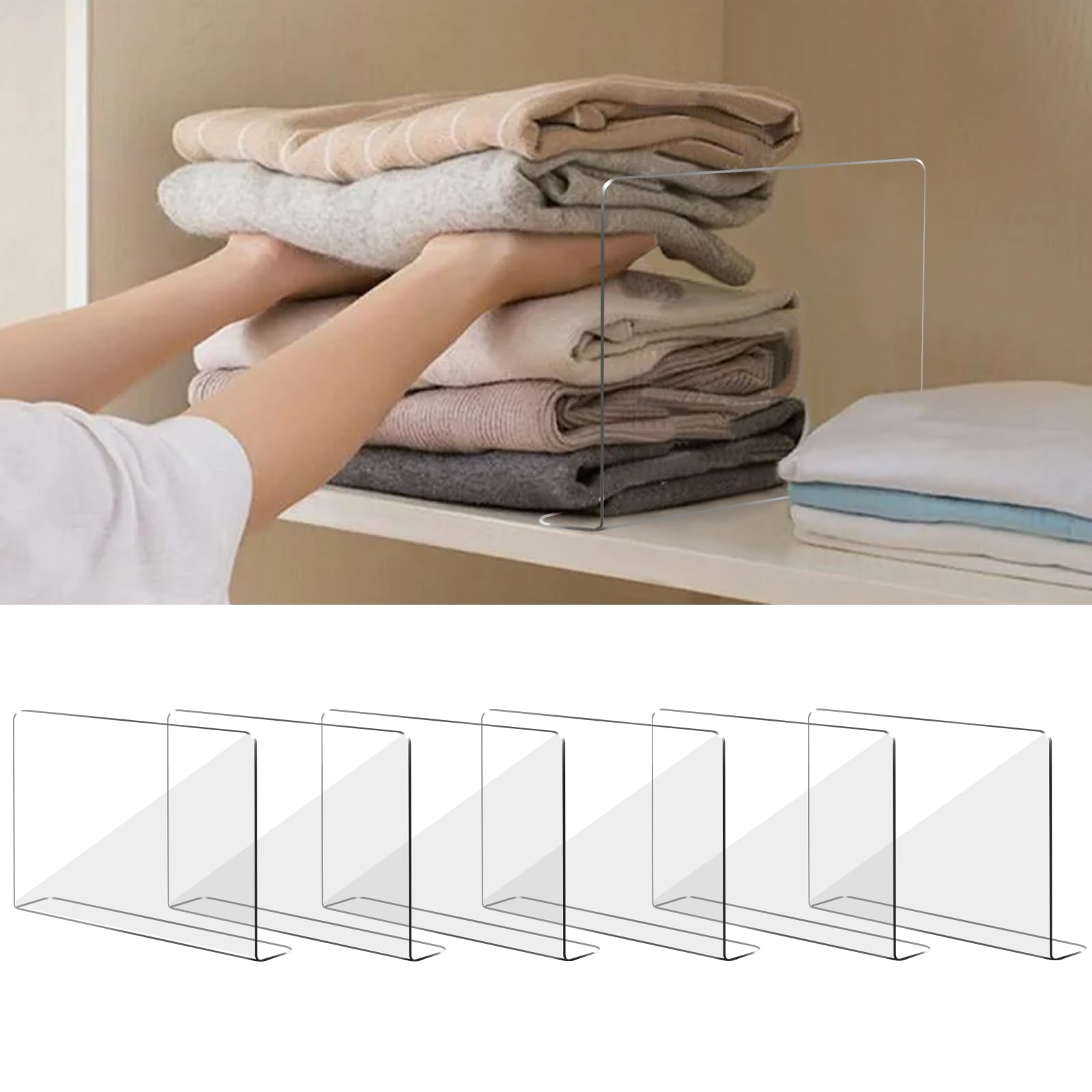 OKPOW 6-Pack Clear Acrylic Shelf Dividers - Durable Closet Organizers for Shelves, Adjustable Vertical Separators for Clothing & Purses | Perfect for Wardrobe, Pantry & Retail Store Organization